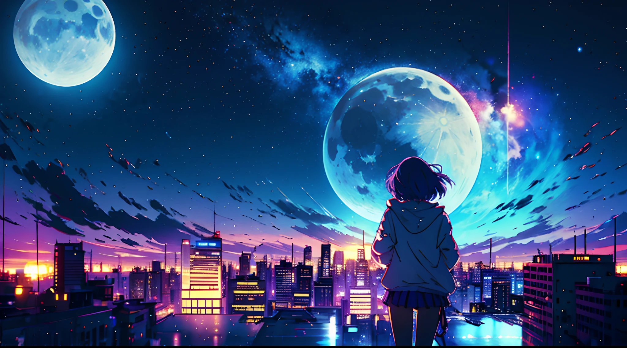 Falling meteorites、1girl in, long purple hair, Modern hoodies, a miniskirt, Converse Shoes, Modern City, On the edge of the roof of the skyscape, at noon, suns, blue open sky, ​​clouds, (photographed from the back)), low angles, Volumetric Lights, 8K, top-quality, sharp, detaileds、Moon and Sun、Crystal clear night sky