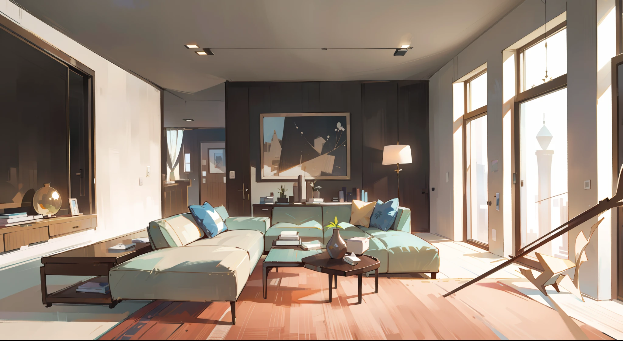 (best quality,4k,8k,highres,masterpiece:1.2),ultra-detailed,(realistic,photorealistic,photo-realistic:1.37),modern urban living room,spacious and bright,soaring floor-to-ceiling windows,contemporary furniture,comfortable leather sofa,stylish coffee table,abstract art hanging on the wall,minimalist interior design,neutral color palette,soft ambient lighting,high-end audio system,smart home automation,elegant pendant lights,dazzling chandelier,expansive city skyline view,lush indoor plants,cosy rug,geometric patterns,sleek technology gadgets,reflection of city lights on the polished flooring,harmonious blend of functionality and aesthetics,inviting atmosphere,perfect for entertaining guests,serene and peaceful ambiance,glowing fireplace,bookshelf filled with books and decor items,integrated home theater system,meticulously crafted details,airy and open space,modern art pieces,harmonious synthesis of modernity and natural elements.