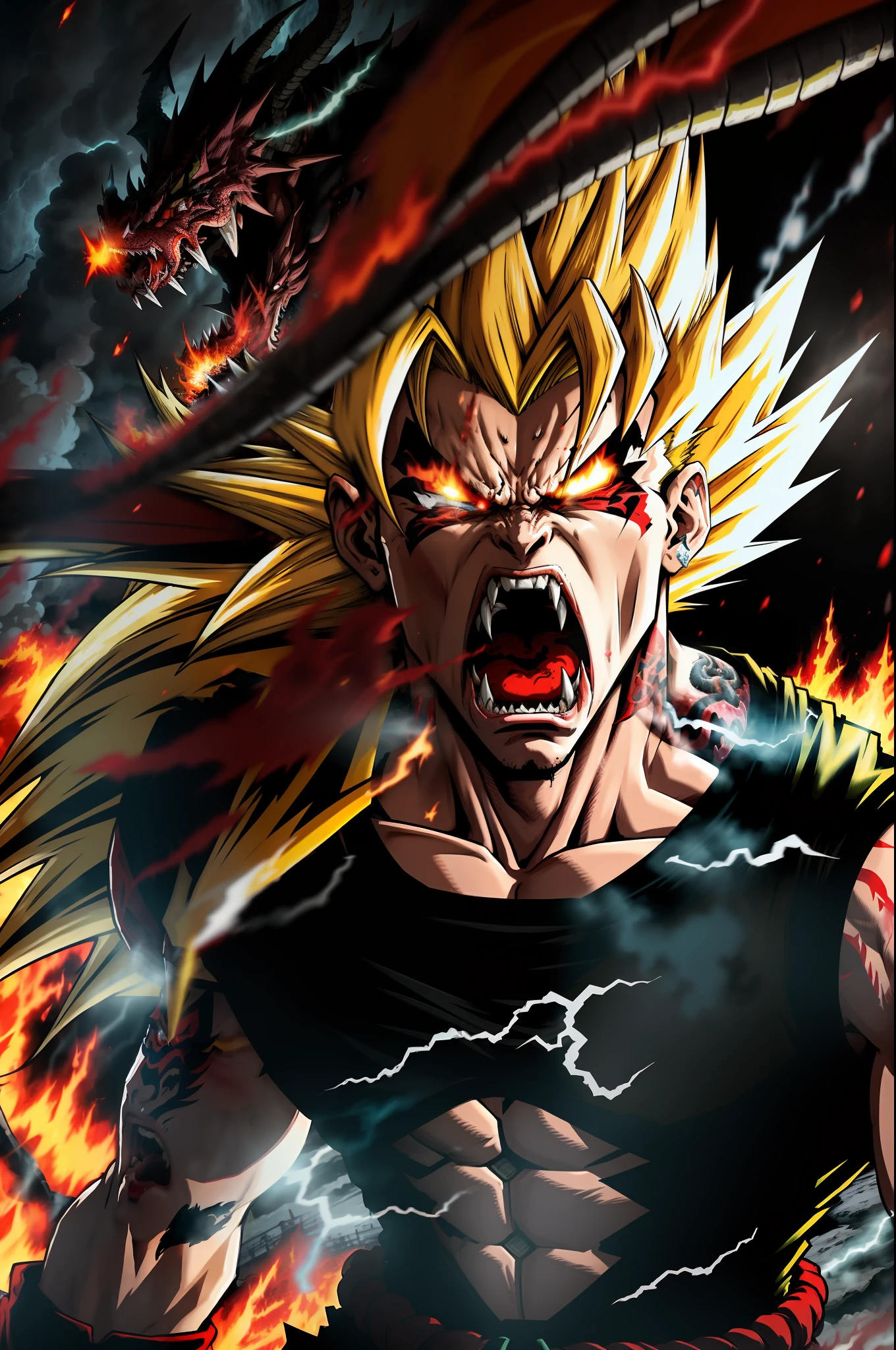 Ultra Supersayajin, long hair diamond yellow color and red eyes with black outlines painted around the eyes,white clothing with dragon tatoon print, open mouth screaming, fighting with another supersayajin with red hair, lots of fury against enemy, scenery in heaven and earth destroying everything