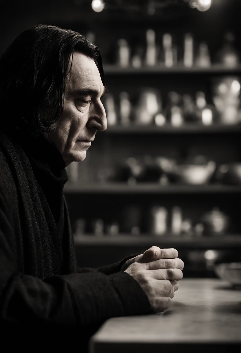 Severus Snape’s eyebrows creased in thought and, without a word, he swept past Harry Potter and entered the kitchen, closing the door quietly behind him.