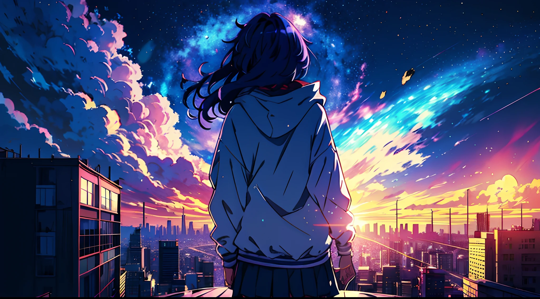 Falling meteorites、1girl in, long purple hair, Modern hoodies, a miniskirt, Converse Shoes, Modern City, On the edge of the roof of the skyscape, at noon, suns, blue open sky, ​​clouds, (photographed from the back)), low angles, Volumetric Lights, 8K, top-quality, sharp, detaileds、Moon and Sun、Crystal clear night sky