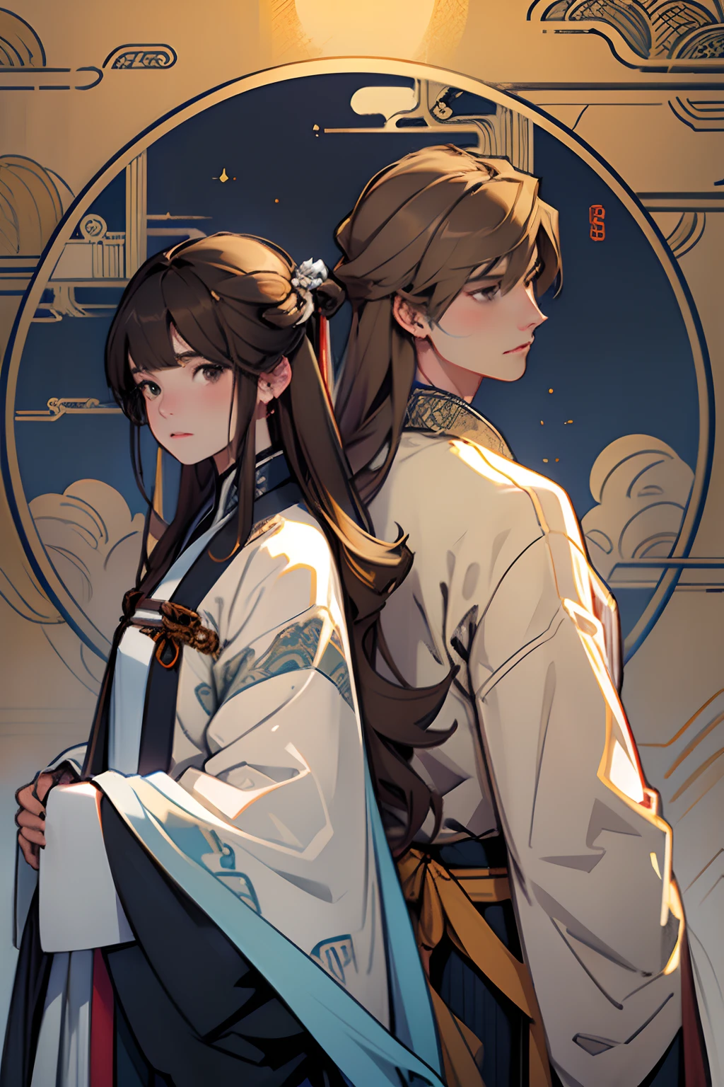 t32k, best quality, masterpiece, super detail, high details, one girl and one boy, two characters who are friends, long wavy blonde hair young man in midnight blue color clothes,long hair man, brown hair young woman in white clothes , brown eyes girl with bangs, back to back , calm expression, ancient china , flat background, Chinese pattern background