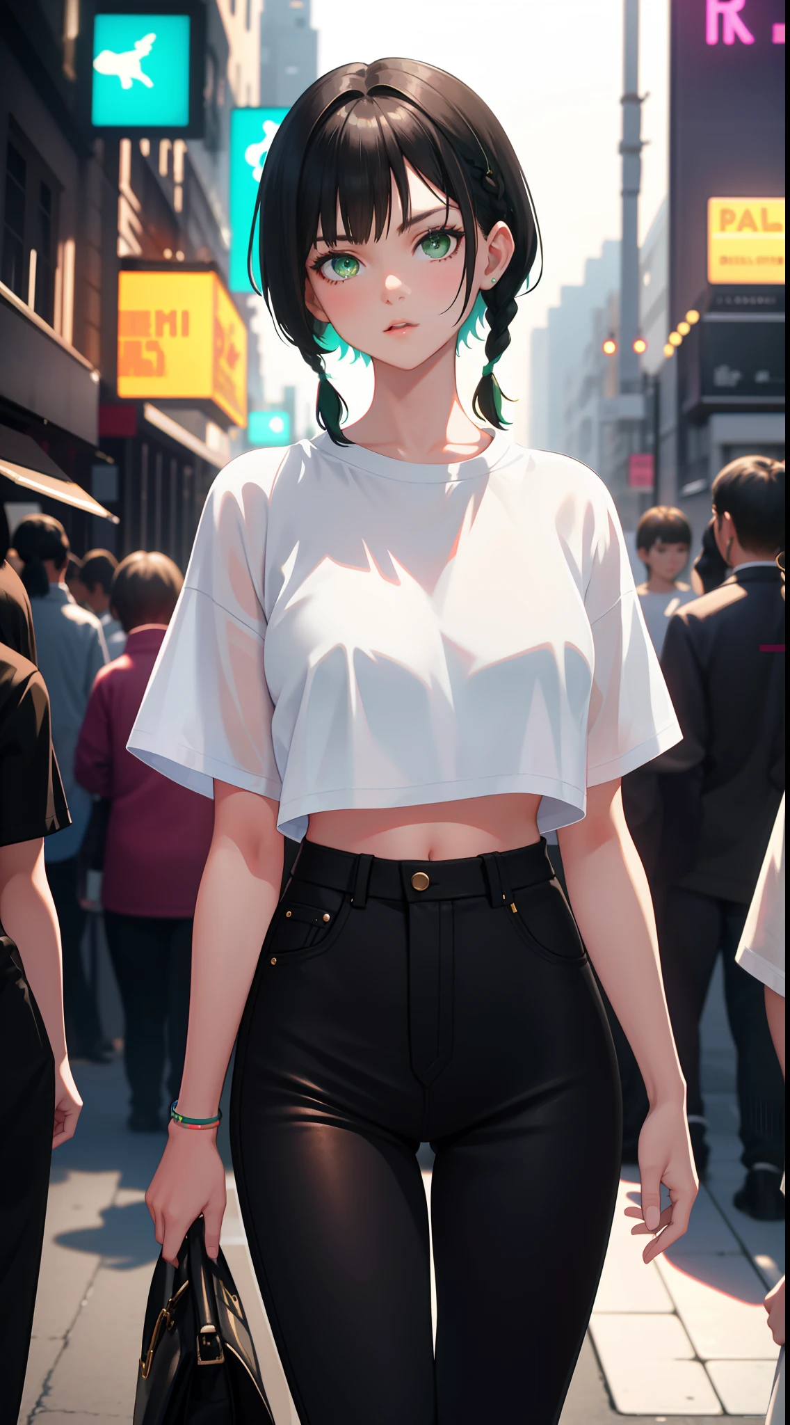 masterpiece, best quality, nsfw, 1girl, black hair, short hair, green eyes, braids, small perky breasts, on the street, night, neon light, white t-shirt, braless, black pants, poker face, front view, standing, in crowd,