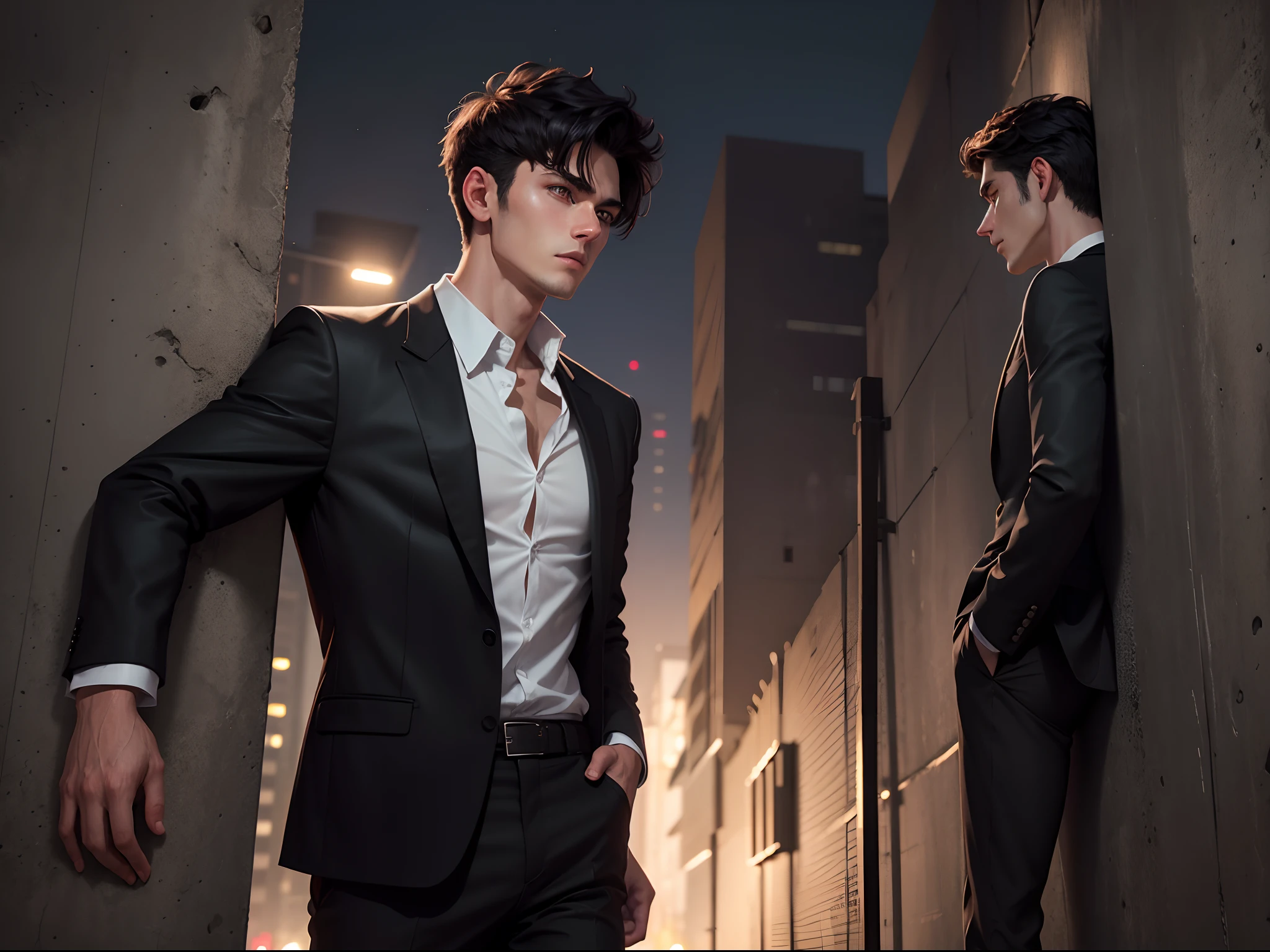 realistic 8k image of a 25 year old man, short black hair, dressed in a black blazer and a white blouse underneath, expression of effort, climbing a wall at the end of a night alley, night scene, profile image