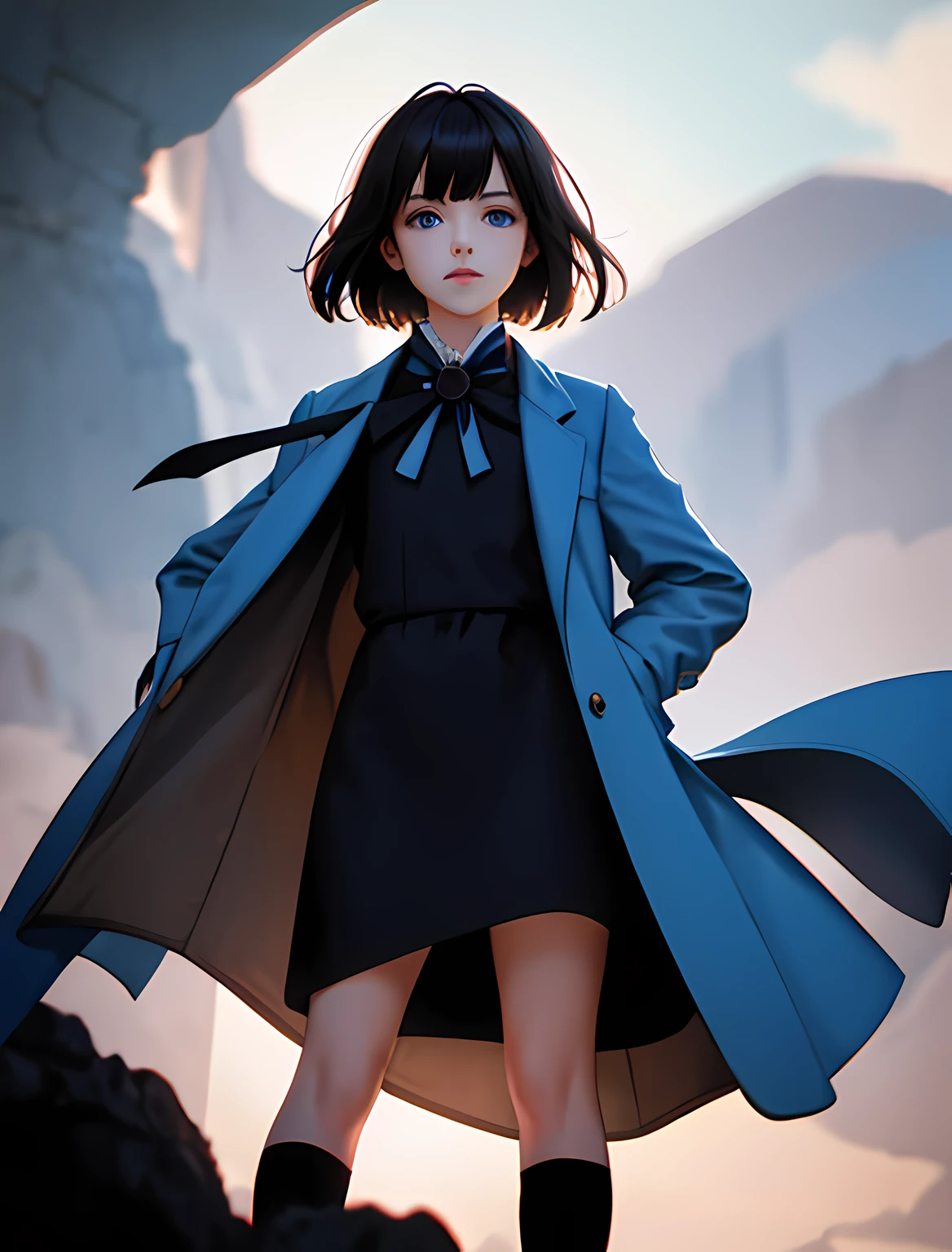 A pre teen10 years old girl with long straight black short hair with bangs, blue eyes, using a classic blue victorian dress with a blue coat, cinematic lighting, chromatic aberration, backlighting, masterpiece, high details, high quality, 4K.