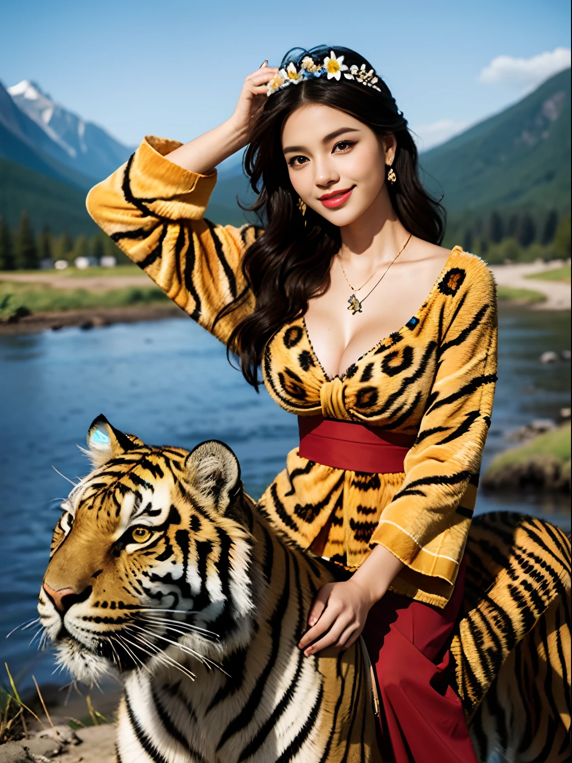 Morning in the mountains, 1 Smiling girl riding a tiger, Solo, Turning Head, parted lip, 8K, Best quality,High quality deep V leopard print, Masterpiece,rich facial texture, full bodyesbian,medium shot, beautiful pendant, Medium breasts, jewelry, Earrings, cleavage, Floral_print, Long_Sleeves,flower headpiece,Sexy pose, Hair_flower, sash,