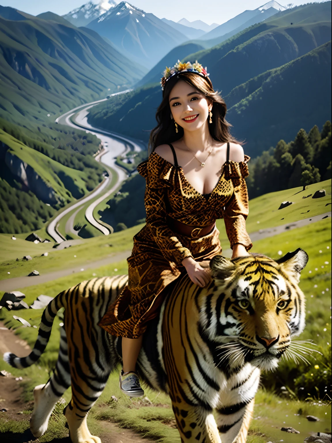 Morning in the mountains, 1 Smiling girl riding a tiger, Solo, Turning Head, parted lip, 8K, Best quality,High quality deep V leopard print, Masterpiece,rich facial texture, full bodyesbian,medium shot, beautiful pendant, Medium breasts, jewelry, Earrings, cleavage, Floral_print, Long_Sleeves,flower headpiece,Sexy pose, Hair_flower, sash,