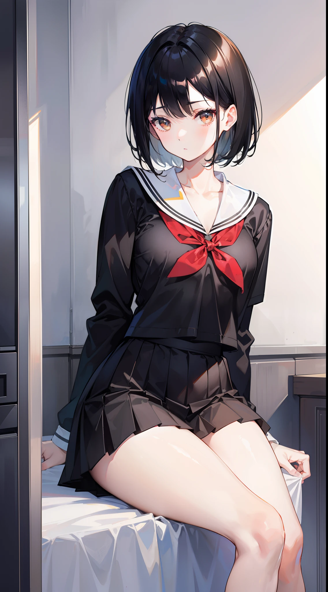 Black Hair Short hair Amber brown eyes Flat chest, big thighs. Wear a school uniform.