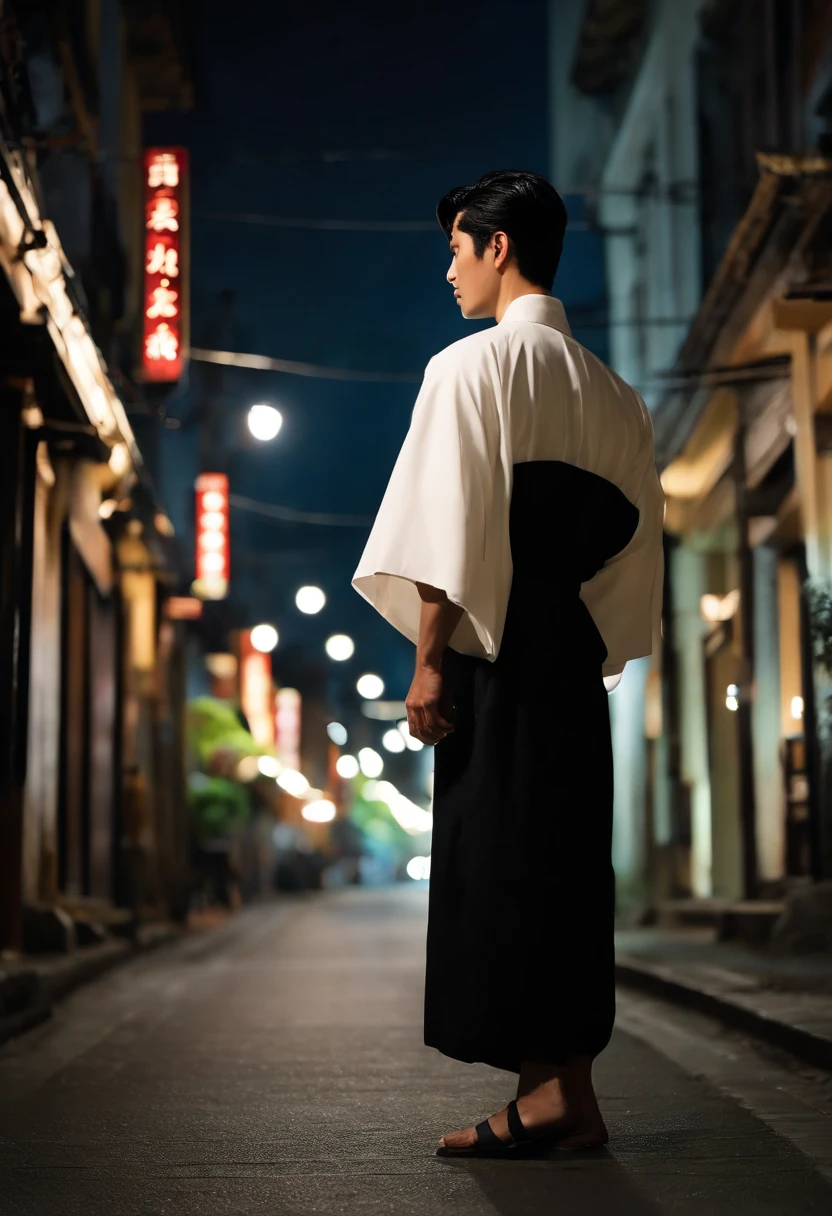 (Handsome men: 1.4), White shirt, Short black hair, Delicate face, Fair skin, Black kimono、 ((On the street at night: 1.4)), Night, Deserted, nobody, 8km HD Images, Masterpiece-level high-quality images,ryokan