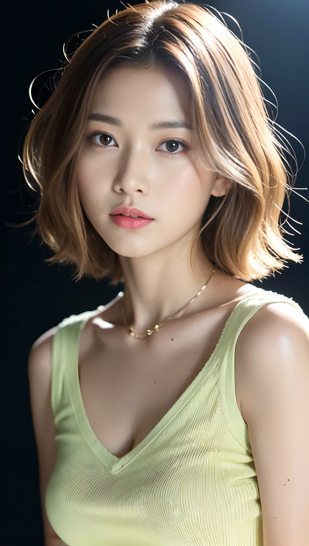 (top-quality、8K、32K、masterpiece、nffsw:1.2)、Photo of a cute Japanese woman、small tits、tiny chest、light brown hair、Middle hair、blondehair、short-cut、gradation hair、Curly hair、The upper part of the body、sface focus、Navy Blue V-Neck Knit、a necklace、simple background、From above、looking at the viewers、Slimed、A slender、Model body type、Very small breasts
