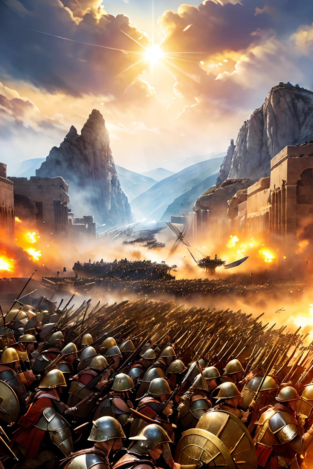 (battlefield:1.1, ancient Greece, soldiers:1.1, aerial view, detailed:1.1), oil paintings, realistic, historical, epic battles, rugged terrain, shining armor, horses galloping, spears and shields, dust and smoke, intense action, bloodshed, bravery, war cries, unforgiving battleground, war-torn landscape, strategic formations, Spartan warriors, Hoplite phalanx, shining sun, dramatic skies, war banners fluttering, blurred motion, dynamic composition, vivid colors, contrast lighting, golden hues, heroic atmosphere