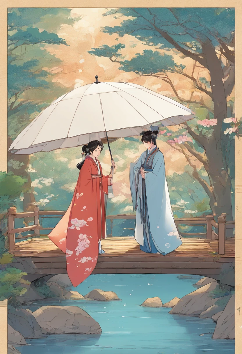 A couple dressed in Hanfu looks at the scenery on a stone bridge，There is a willow tree next to it，There was light rain in the sky，The boy wears a white oil-paper umbrella，Two people hiding under an umbrella，Both boys and girls have beautiful and delicate blue eyes，Look at each other，Delicate composition。