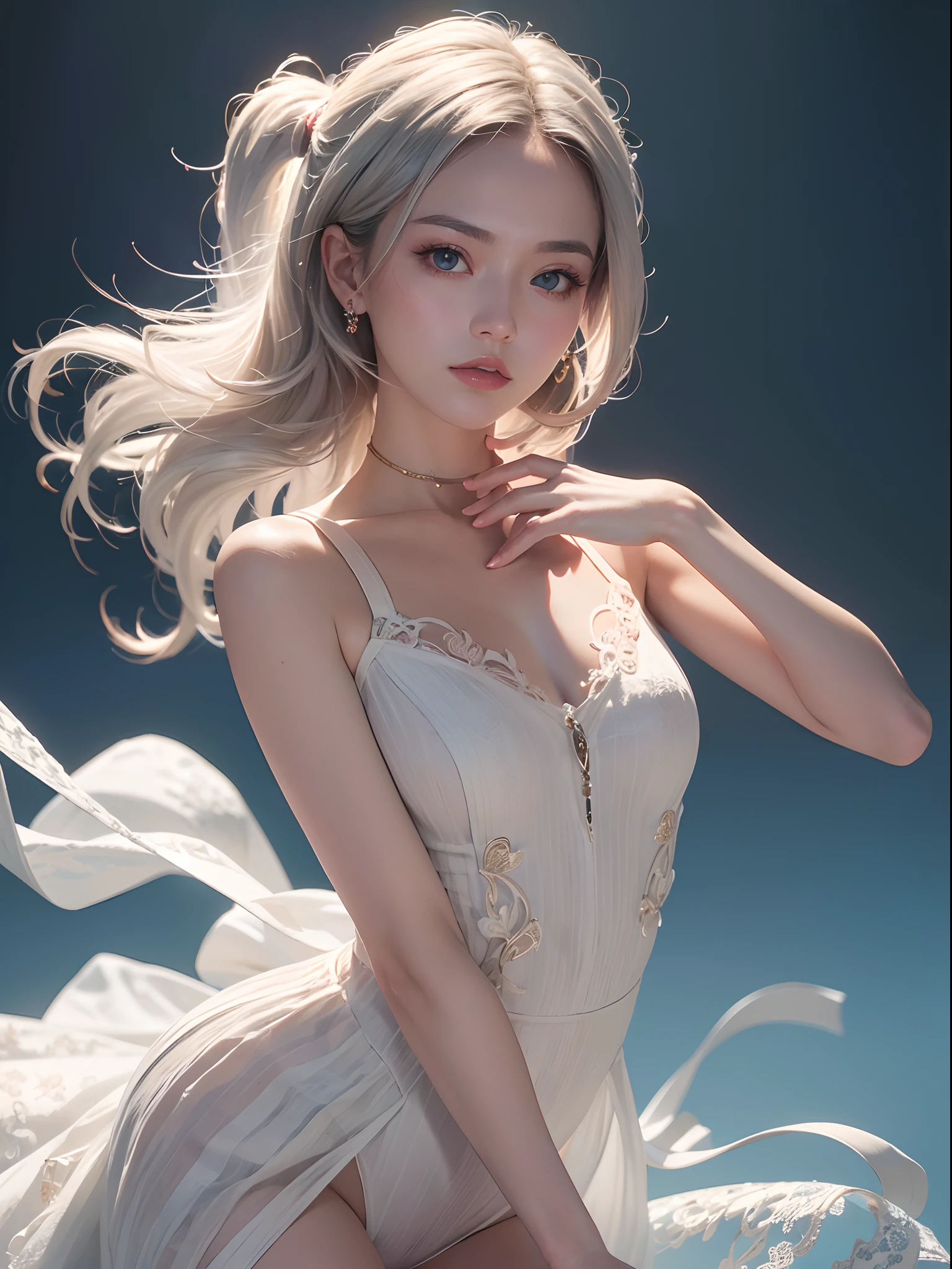 Unbeatable masterpiece, Ultra photo realsisim, Perfect artwork, Intricate details, Best quality, Strong light , High contrast, Dynamic pose, Dutch angle , ((Depth of field)) , (child:1.2) , (Girl body type) , (Masterpiece) , (Best quality) , Sophisticated visuals , k hd , (ultradetailed) , finedetail , ((Solo)) , ((gawrgura)) , (Medium hair) , (White silver hair) (gradient blue) , (beatiful detailed eyes) , kawai , adolable , cropped shoulders ,view the viewer , Bare shoulders , standing , ((full bodyesbian)) , Pale skin