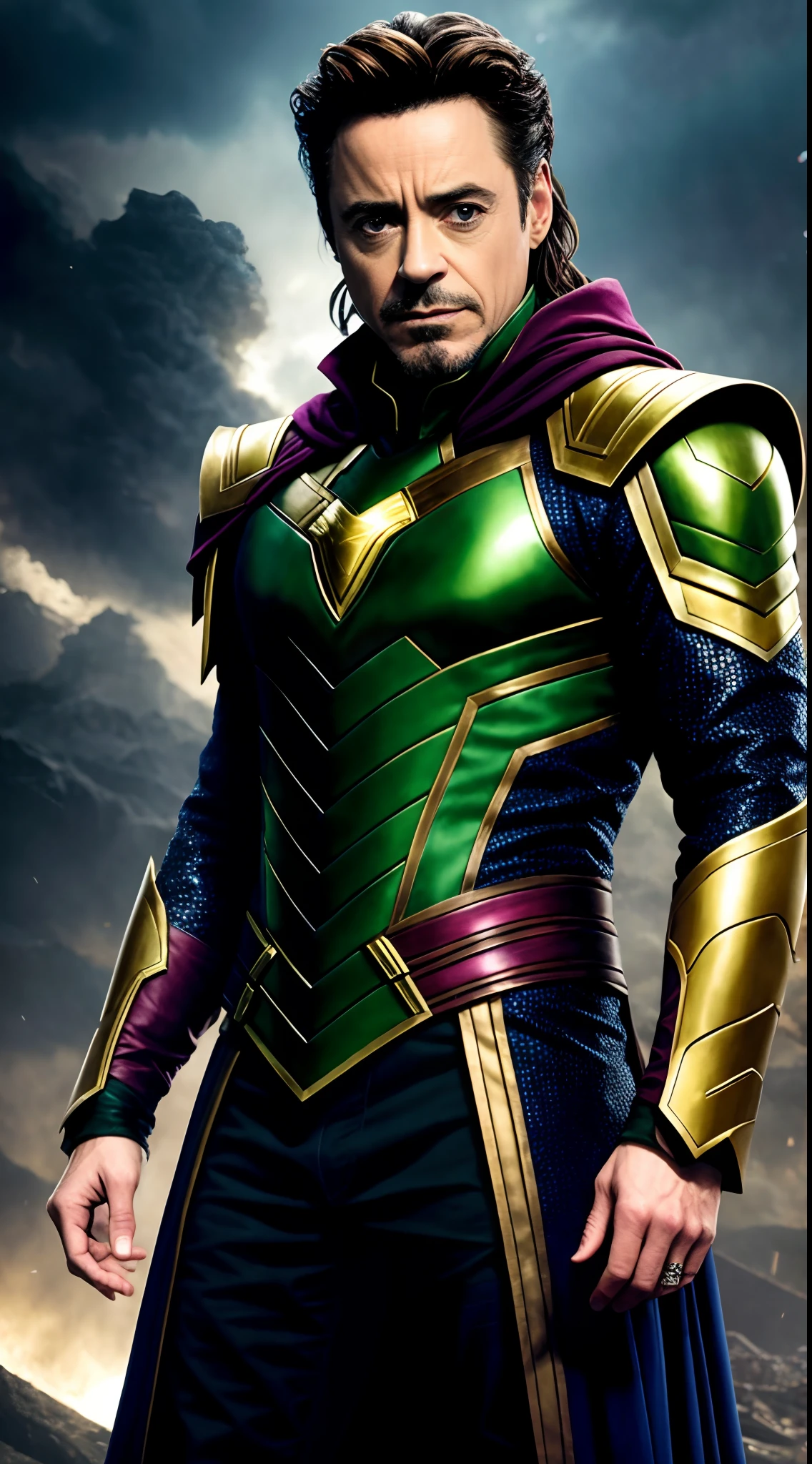 (extremely detailed 8k wallpaper), realistic photo of Robert Downey Jr as Loki, Intricate detail, High Detail, dramatic, evil smile, apocalyptic background, head room space, 8k, photorealistic, full body shot