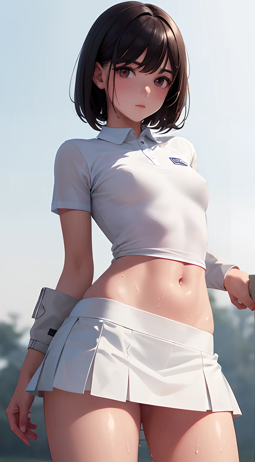 1girl, solo, white polo shirt, white sneakers, tennis wear, white miniskirt, masterpiece, best quality, realistic, hyper-detailed, (shiny skin, sweaty:1.4), absurd, looking at viewer, short black hair, brown eyes, slender, dynamic lighting, high resolution, sharp focus, depth of field, detailed eyes, sharp pupils, realistic pupils, (small breasts:1.6), (thick thighs:1.0), outdoor, sky