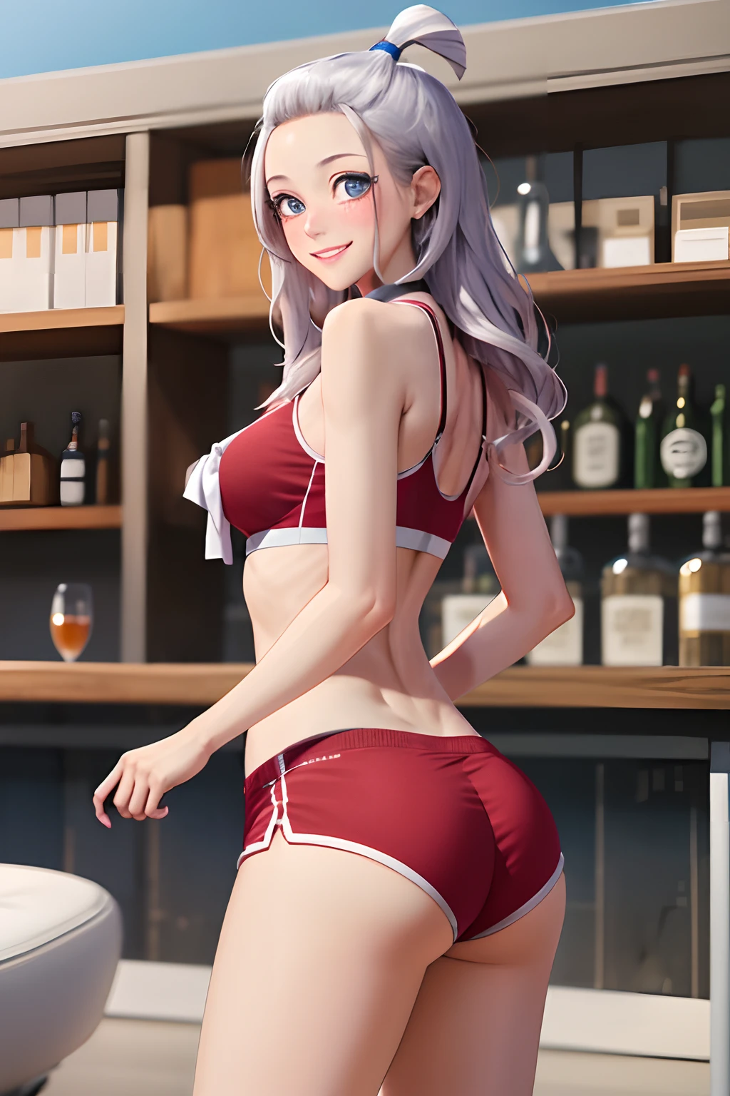 masterpiece, best quality, highres, Amira, long hair, bangs pinned back, topknot, forehead, choker, bare shoulder, cleavage, red mini shorts , sports bra,bow, sleeveless, cowboy shot, standing, outdoors, bar, smile, shy, blushing smile,showing ass