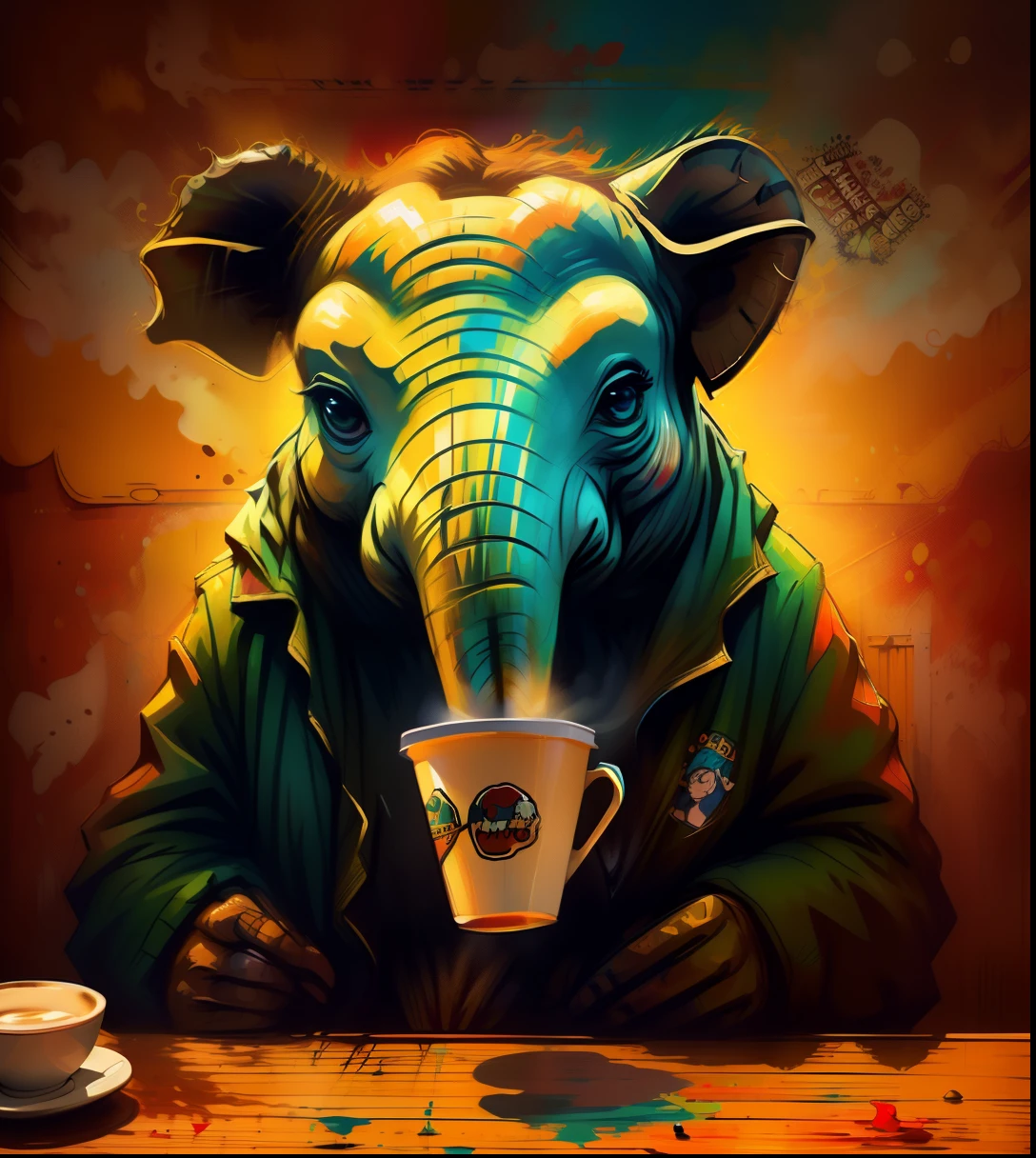 um close up de um sinal com um elefante colorido sobre ele, Garfield, Quadrinhos de Garfield, Arte Warcaft, Caulfield, inspirado em Charles W. Bartlett, we, Zombie Coffee Logo, coffee shop, morning coffee, 🐋 as 🐘 as 🤖 as 👽 as 🐳, coffee smell, Fanart oficial, zombie drinker coffee logo, 🪔 🎨;🌞🌄 , 256 mil