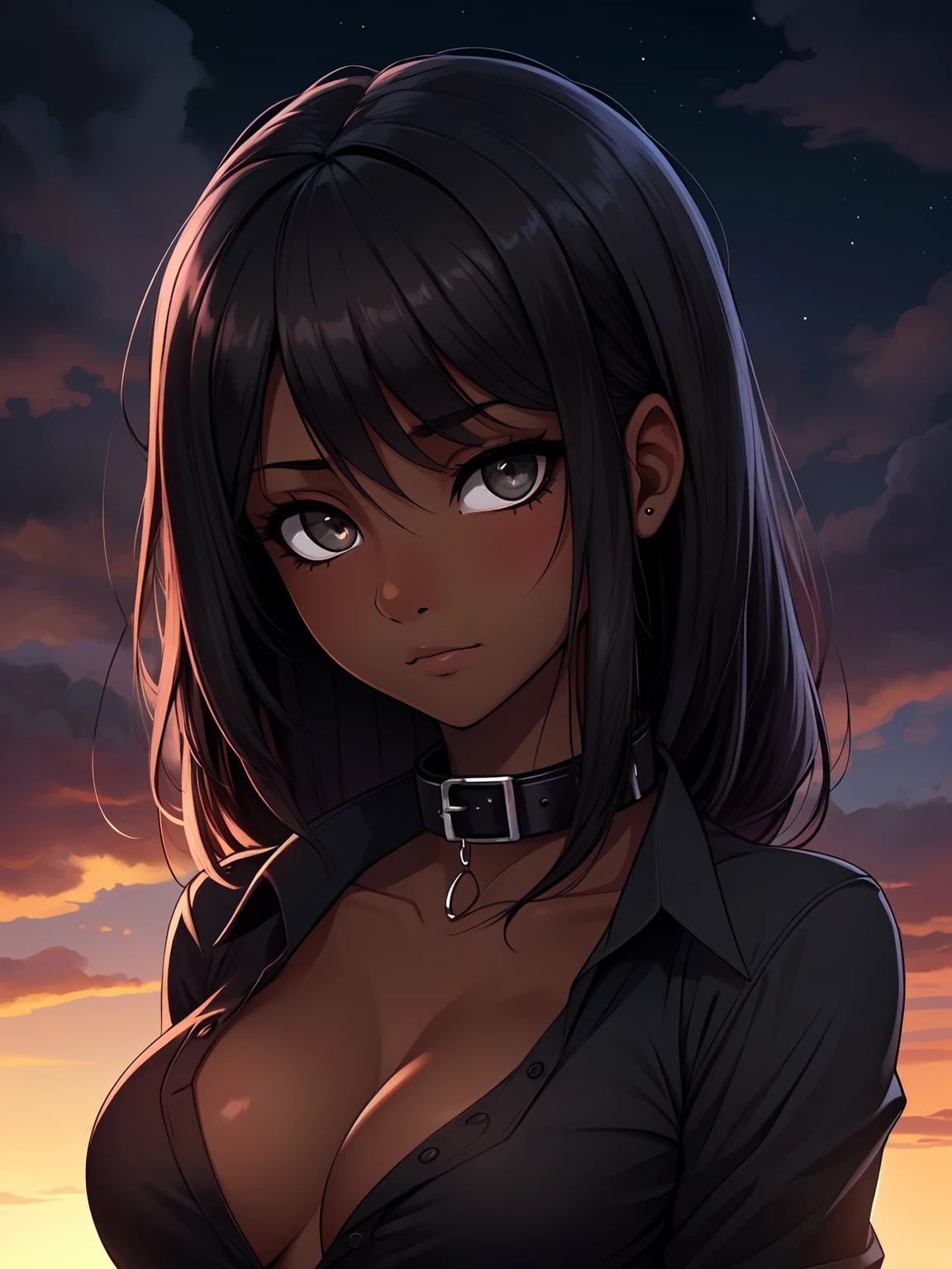 1 girl, (dark skin:1.2), shy, cute, cold expression, (8k, RAW photo, best quality, masterpiece:1.2) ultra-detailed, Super detailed, vivid colors, studio lighting, portrait, black coloured eyes, Night clouds background, Aesthetic, romantic, Luna, wearing goth collar, black hair, unbuttoned shirt revealing her chest