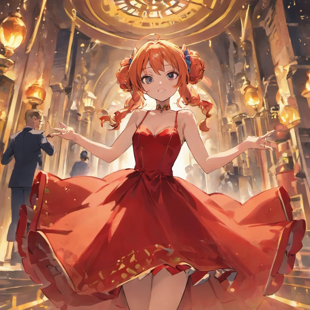 Nami from one piece wearing red ball gown in a gazebo, standing with one hand on jer hips and other is holding a glass of red wine, masterpiece, illustration 0.8, outfit 1.6, face 1.1, perfect anatomy