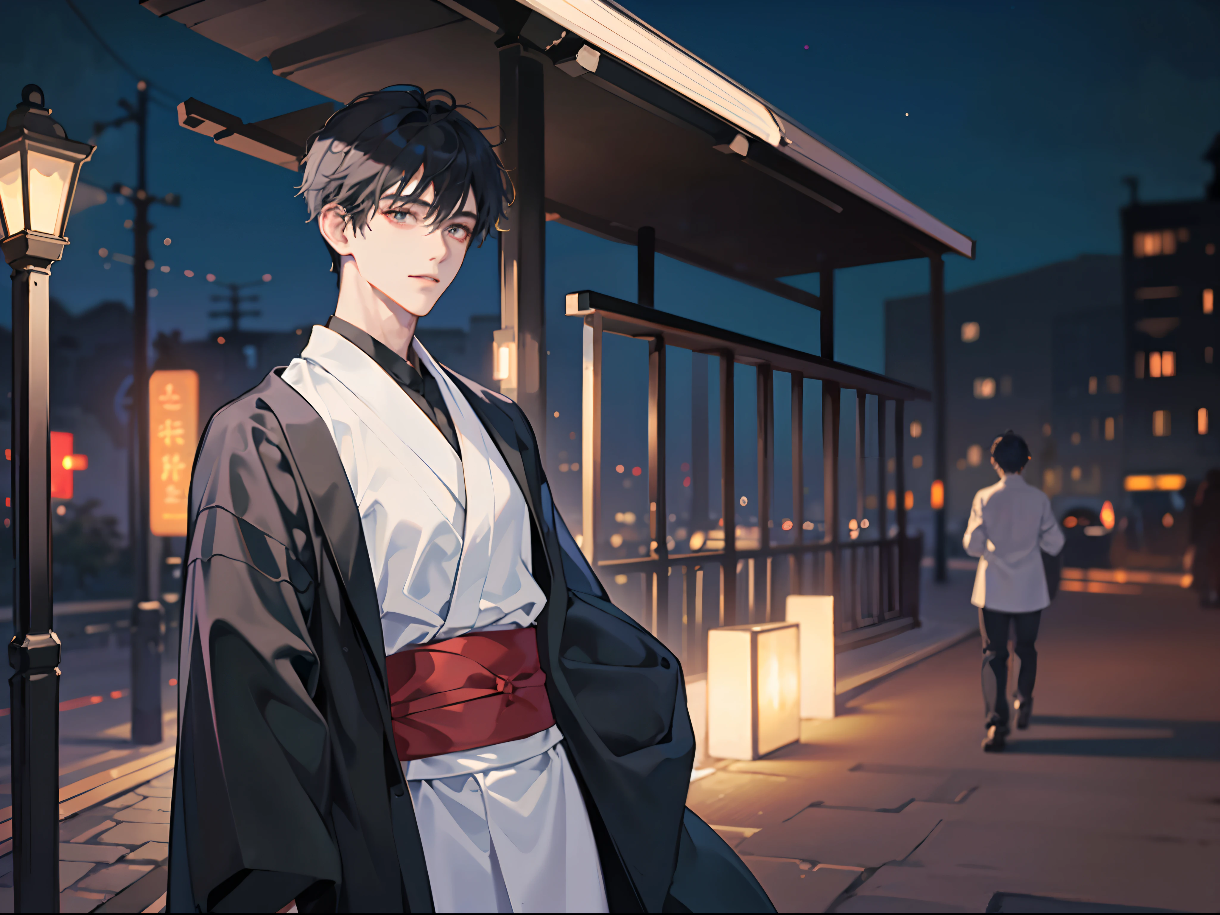(Handsome men: 1.4), White shirt, Short black hair, Delicate face, Fair skin, Black kimono、 ((On the street at night: 1.4)), Night, Deserted, nobody, 8km HD Images, Masterpiece-level high-quality images,