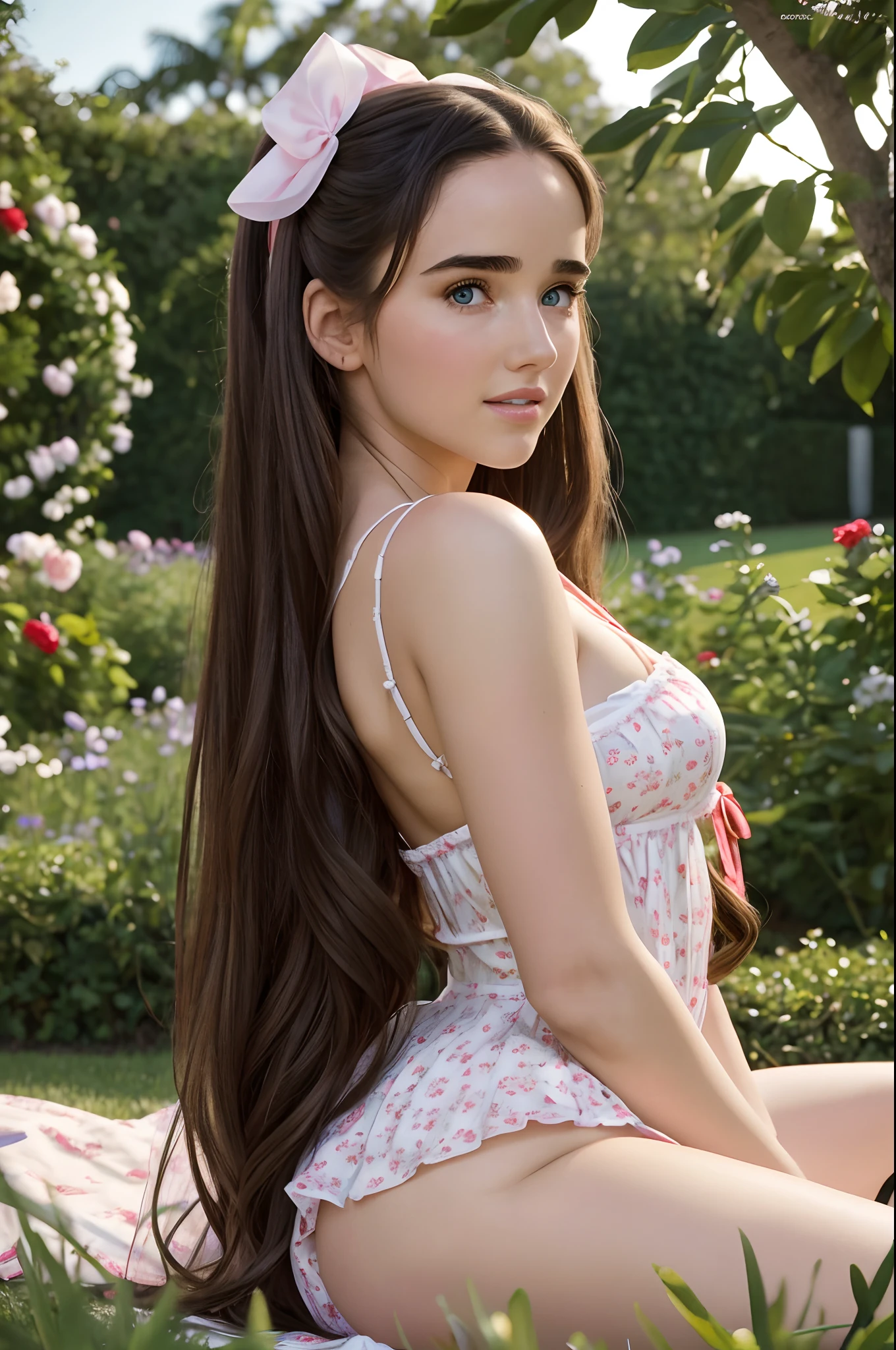 hyper realistic young sexy actress young Jennifer Connelly dressed as Lolita in Stanley Kubrick movie Lolita POSTER, perfect ultra detailed blue eyes, perfect face,
lying on the grass in the garden looking winking and mischievous with a man from behind who is looking at her, Lolita movie,
Lolita RED HEART shaped sunglass, Lolita Poster, sitting on beautiful garden, 35mm professional photo, beautiful look, fashion look, 16k,
Ultradetailed, real beutiful face, real human beautiful body, sexy figure, PERFECT TEETH, perfect regular teeth, Kubrick cinematography,
