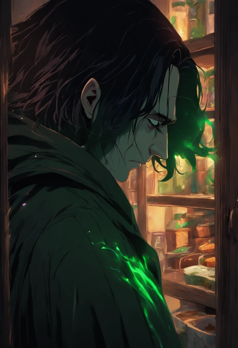 Severus Snape’s eyebrows creased in thought and, without a word, he swept past Harry Potter and entered the kitchen, closing the door quietly behind him.