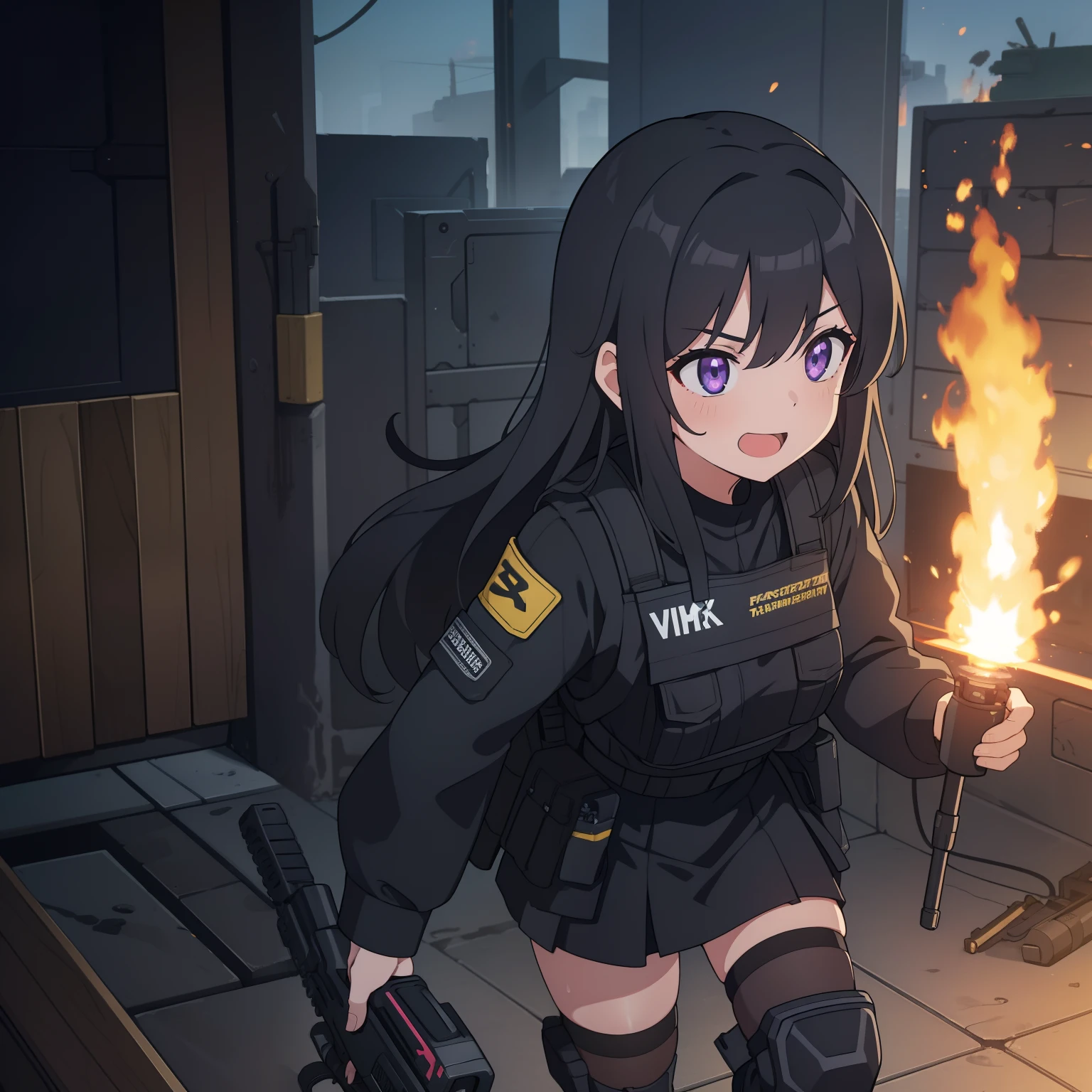 1girl, tactical black helmet, tactical black railed headset, purple eyes, black long messy hair, black camo uniform, black shoulder pads, black tactical vest, black armor pads, black handgun holster, black tactical socks, holding a handgun, bullets, stance, holding tactical radio, black skirt, cautious, holding gun, armed, standing shooting, under maintenance, engineer, engineer tools, repair, sparks, fix, confused, nervous smile, holding blowtorch, blowtorch, hammer, base, repairing, sweat smile, uhmm, open mouth