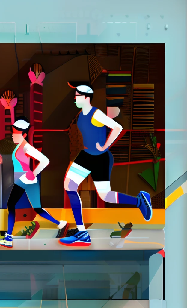 Sketch, perfect details, male and female running wearing sports clothes for a marathon, Nike shoes and adidas shorts, NYC, perfect details, Very detailed surroundings, perfect face details, sweating, wearing Apple Watch, crossing Brooklin Bridge, neon lights, adidas shoes