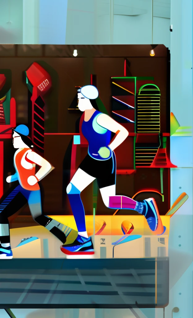 Sketch, perfect details, male and female running wearing sports clothes for a marathon, Nike shoes and adidas shorts, NYC, perfect details, Very detailed surroundings, perfect face details, sweating, wearing Apple Watch, crossing Brooklin Bridge, neon lights, adidas shoes