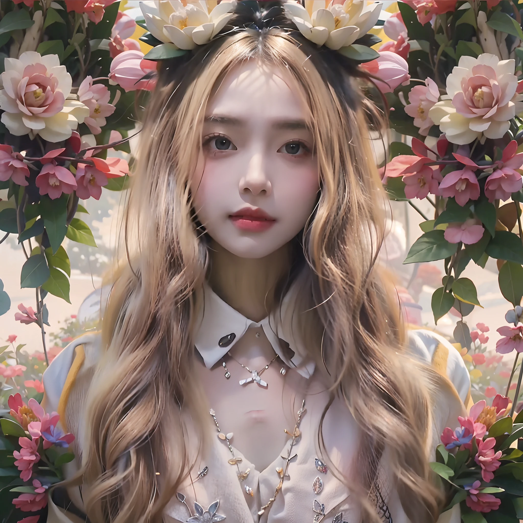 Surrealist portraits of women,top quality art,photographrealistic,动态照明,art stations,poster for,Volumetriclighting,Very detailed faces,Award-Awarded,1girll,in the darkness nigth,deep shading,low tune,Plain floral dress,(formal outfit:1.4),long whitr hair,coiffed blonde hair,(Canon 70-200mm lens shooting),(ssmile:0.6)(Ultra-complex clothing textures)(Aperture 2.8 Focus is located in the eye)Face shooting(Super intricate eye details:1.4)