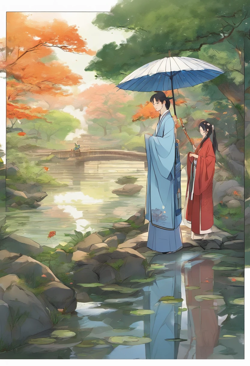 A couple dressed in Hanfu watching the scenery on a stone bridge,There is a willow tree next to it,There was light rain in the sky,The boy was wearing a white oil-paper umbrella,Two people hiding under an umbrella,Both boys and girls have beautiful and delicate blue eyes,Look at each other,Delicate composition。