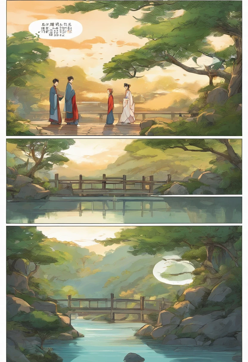 A couple dressed in Hanfu watching the scenery on a stone bridge，There is a willow tree next to it，There was light rain in the sky，The boy was wearing a white oil-paper umbrella，Two people hiding under an umbrella，Both boys and girls have beautiful and delicate blue eyes，Look at each other，Delicate composition。