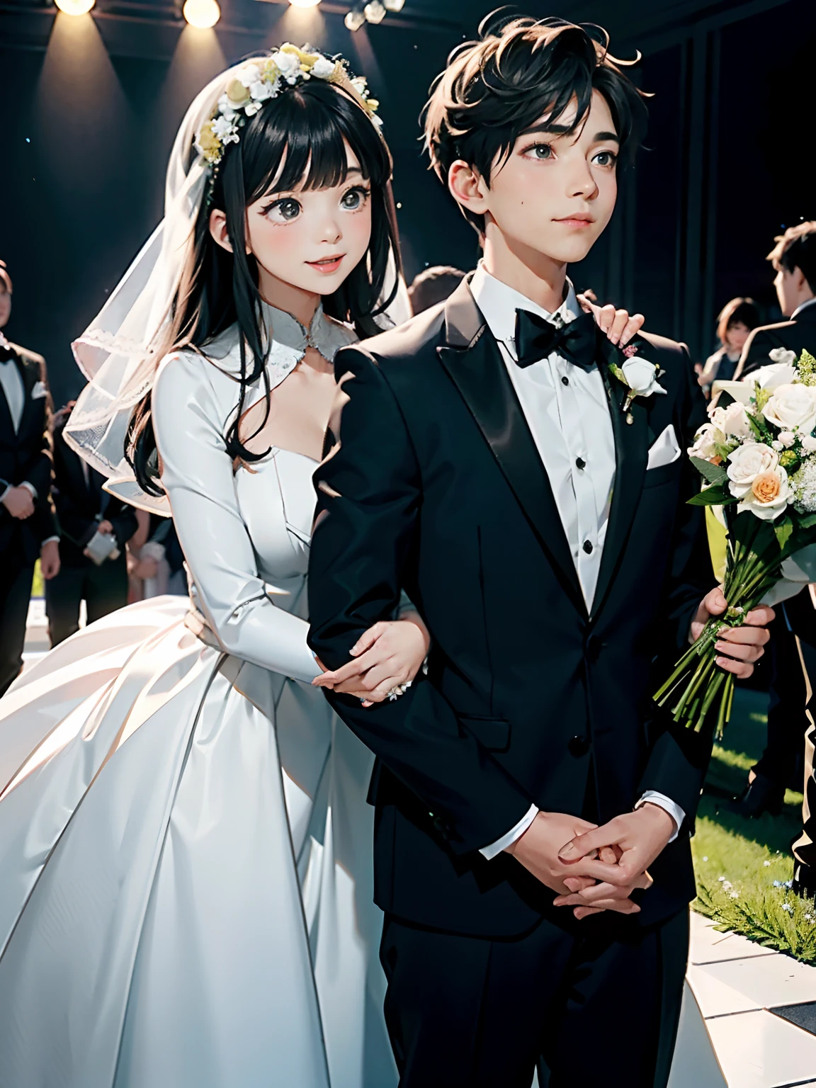 （Boys and girls hug:1.2），Boy looking at girl，（The girl looks at the camera），（white backgrounid:1.2），White dress，In black suit，Bouquet in the hands of a woman，simplebackground，delicated，There are flowers on the head to decorate，elegant boy，Cute girls，two guys，cheerfulness