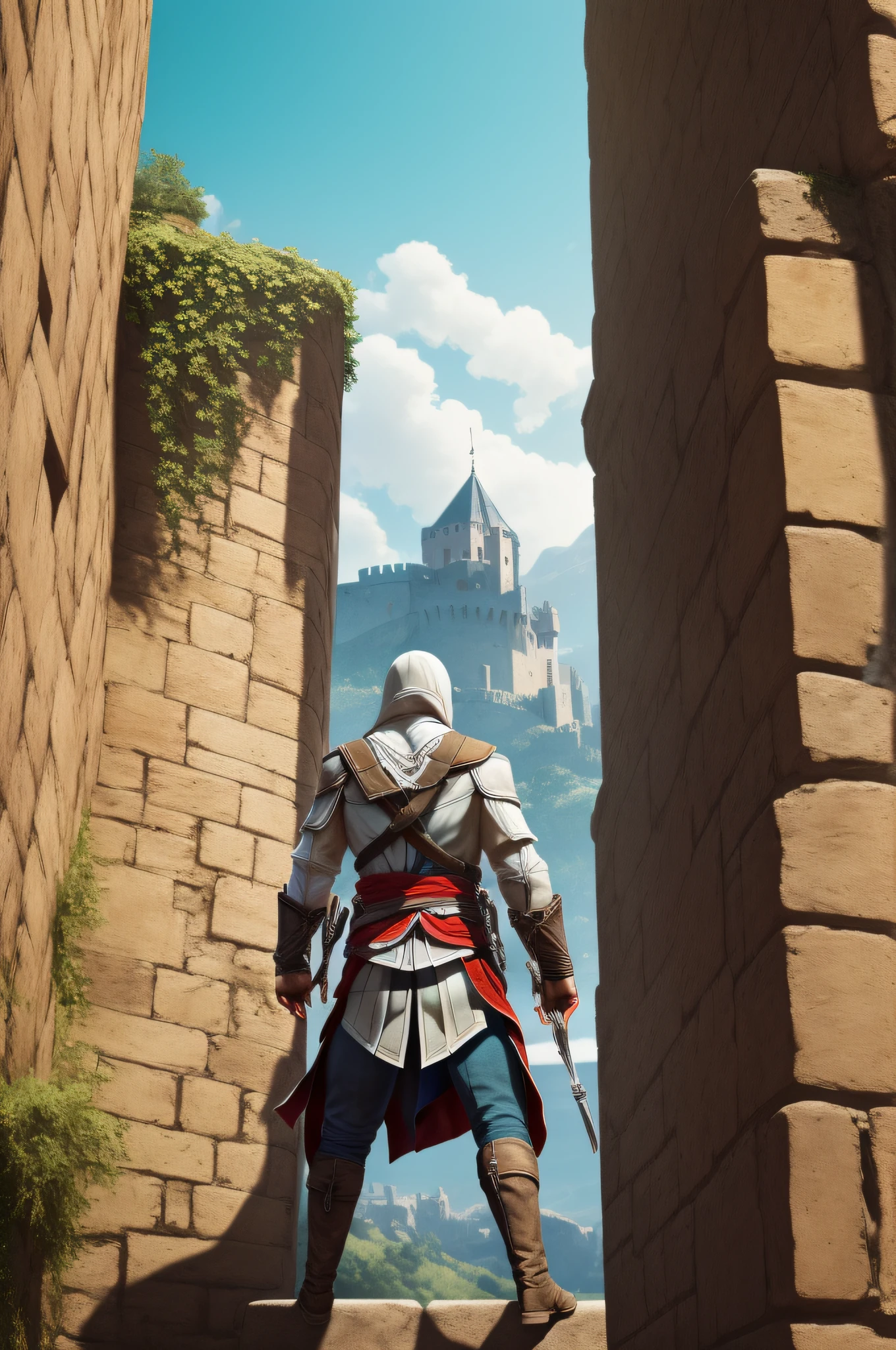 (Cinematic Photo, Maximum realism), (CG 8k wallpapers are extremely detailed, Masterpiece, Best Quality, Ultra-detailed), ((the protagonist from the game Assassin's Creed climbs the wall of the castle)), (a detailed description of the character of the game Assassin's Creed), night starry sky, The brick wall of the castle, foto realista, tmasterpiece, 8K, fine art photography, Film grain, higly detailed, Maximum Likelihood