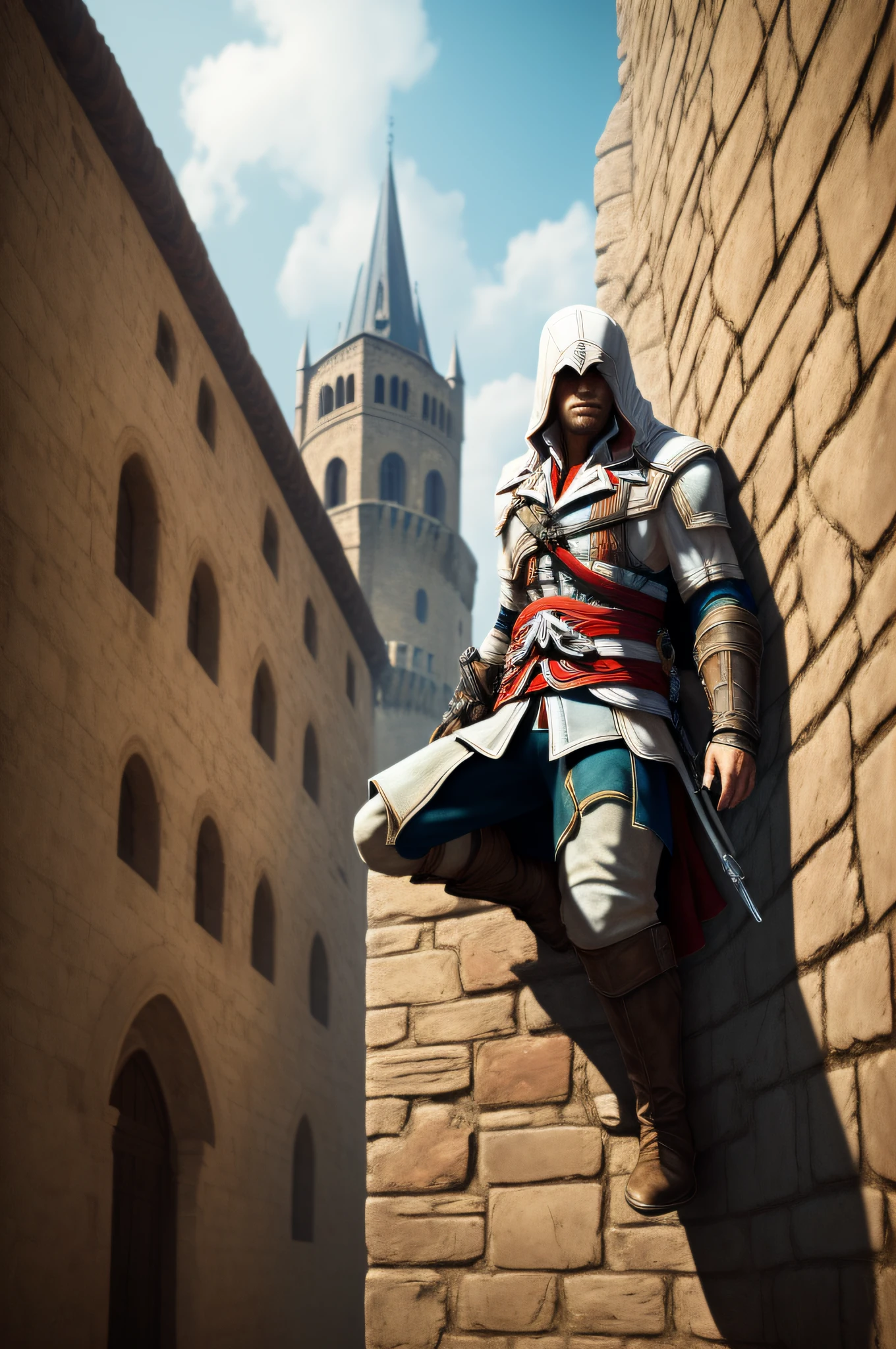 (Cinematic Photo, Maximum realism), (CG 8k wallpapers are extremely detailed, Masterpiece, Best Quality, Ultra-detailed), ((the protagonist from the game Assassin's Creed climbs the wall of the castle)), (a detailed description of the character of the game Assassin's Creed), night starry sky, The brick wall of the castle, foto realista, tmasterpiece, 8K, fine art photography, Film grain, higly detailed, Maximum Likelihood