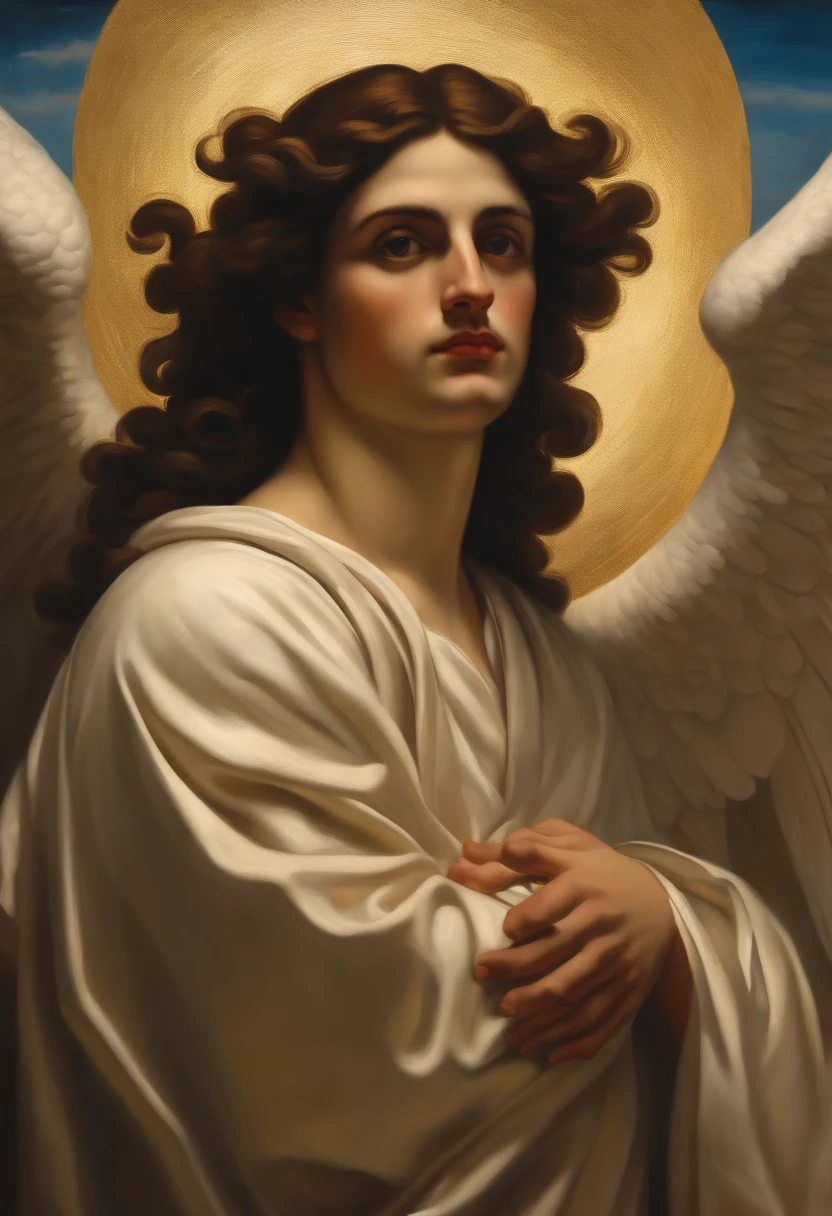pintura a oleo, anjo homem segurando uma lira, assas brancas abertas, Bright sky in the background, breathtaking masterpiece, Vivid, ornado, Caravaggio, 8k