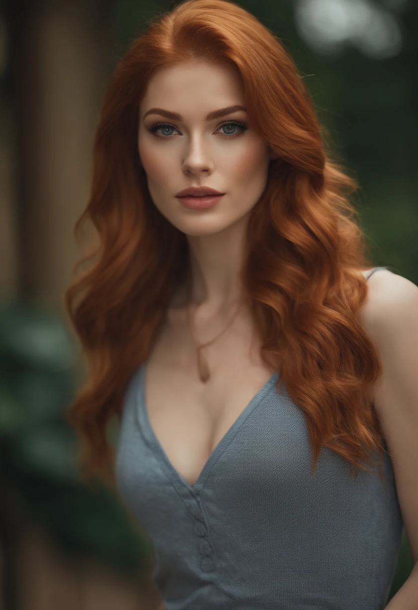 professional, (4k photo:1.1) (Sharp focus:1.3), high detail, wearing (tight shirt:1.2), beautiful detailed face, an attractive woman with long red hair looks into the camera, looking like actress Katherine McNamara, panasonic lumix s pro 50mm f/1.4, , photo realistic, (attractive young woman:1.3), (seductive:1.1), (blushing:1.1), hourglass body shape, big round breasts, t-top