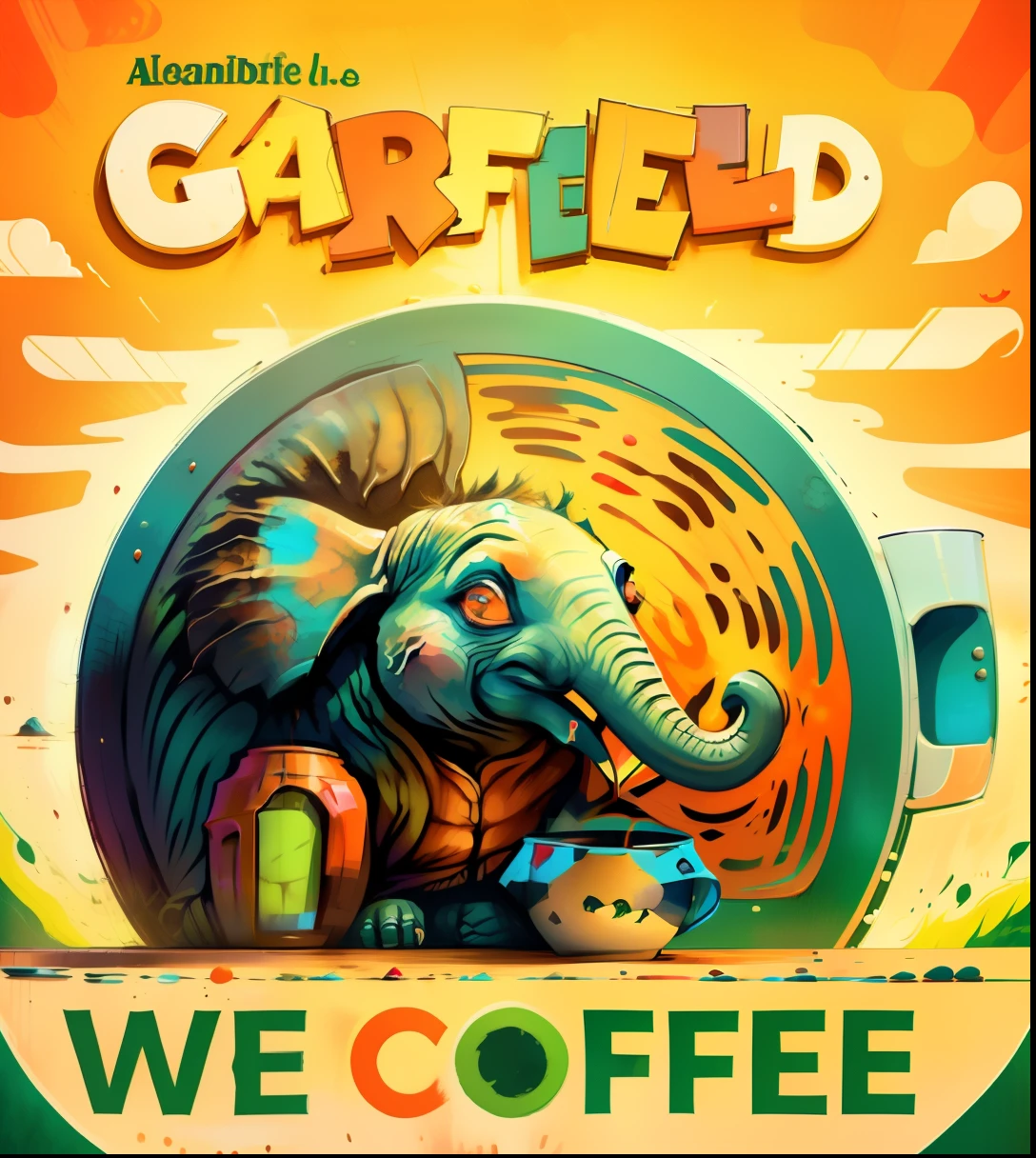 um close up de um sinal com um elefante colorido sobre ele, Garfield, Quadrinhos de Garfield, Arte Warcaft, Caulfield, inspirado em Charles W. Bartlett, we, Zombie Coffee Logo, coffee shop, morning coffee, 🐋 as 🐘 as 🤖 as 👽 as 🐳, coffee smell, Fanart oficial, zombie drinker coffee logo, 🪔 🎨;🌞🌄 , 256 mil