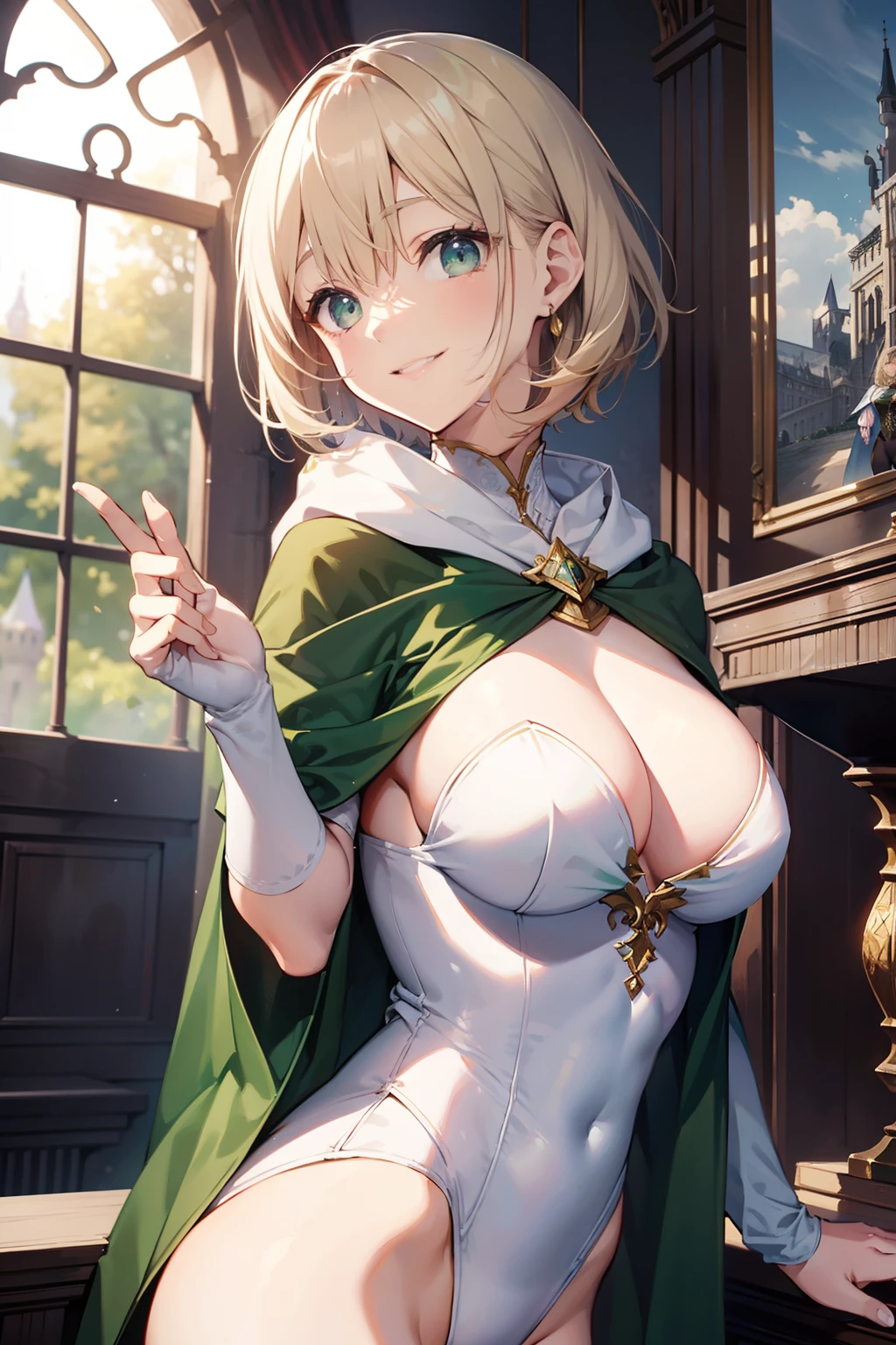 top-quality、Full limbs、complete fingers、Slender beauty、a 25yo woman、Archer、blondehair、short-hair、Beautiful Large Breasts、((White leotard))、((Green cloak))、Brown long boots、A big smile、in a castle、sexypose、is standing