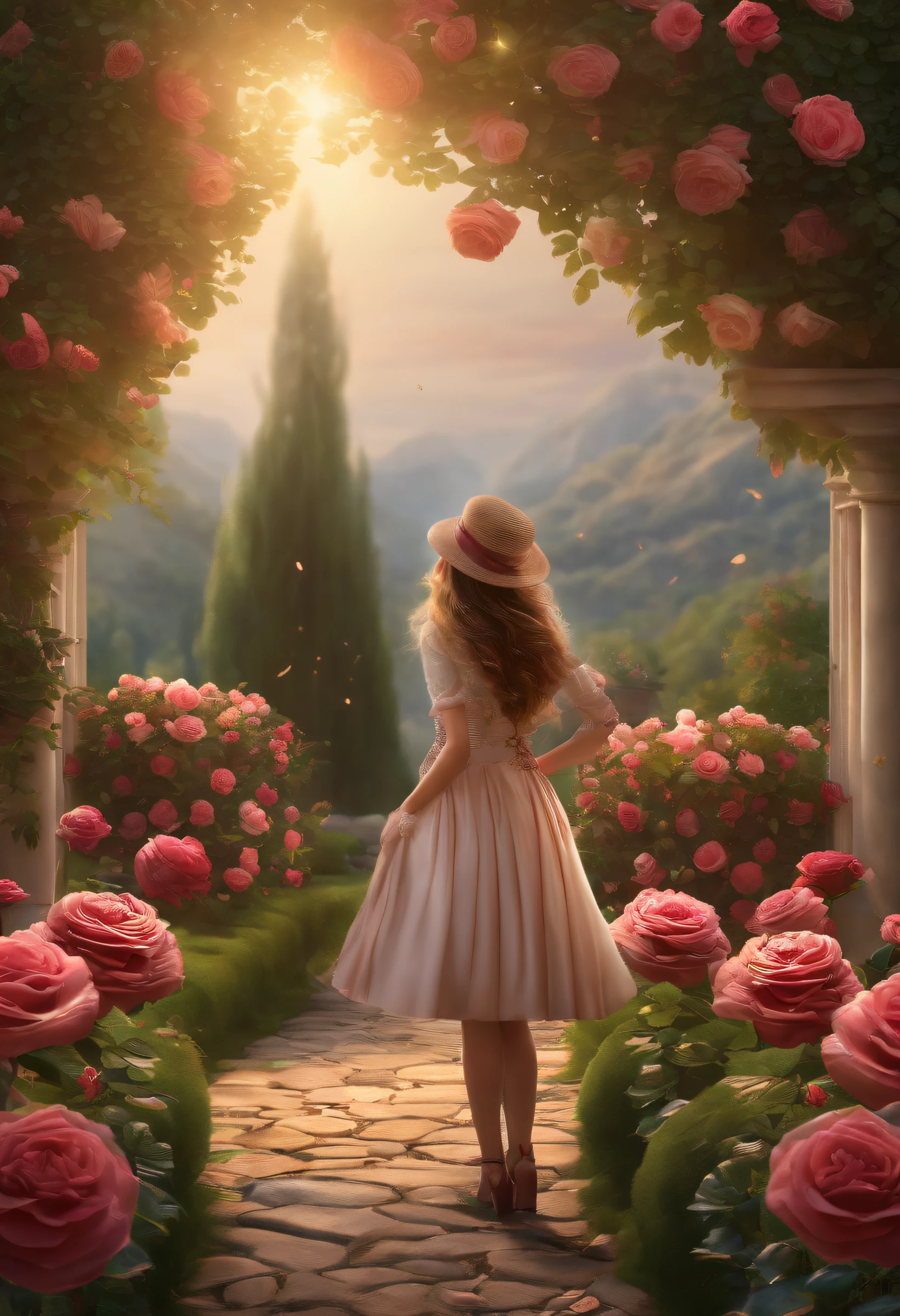 a girl, rose flower garden , Pebble path, Masterpiece, Best quality, Anatomically correct, High details, 8K, the wallpaper, turn away