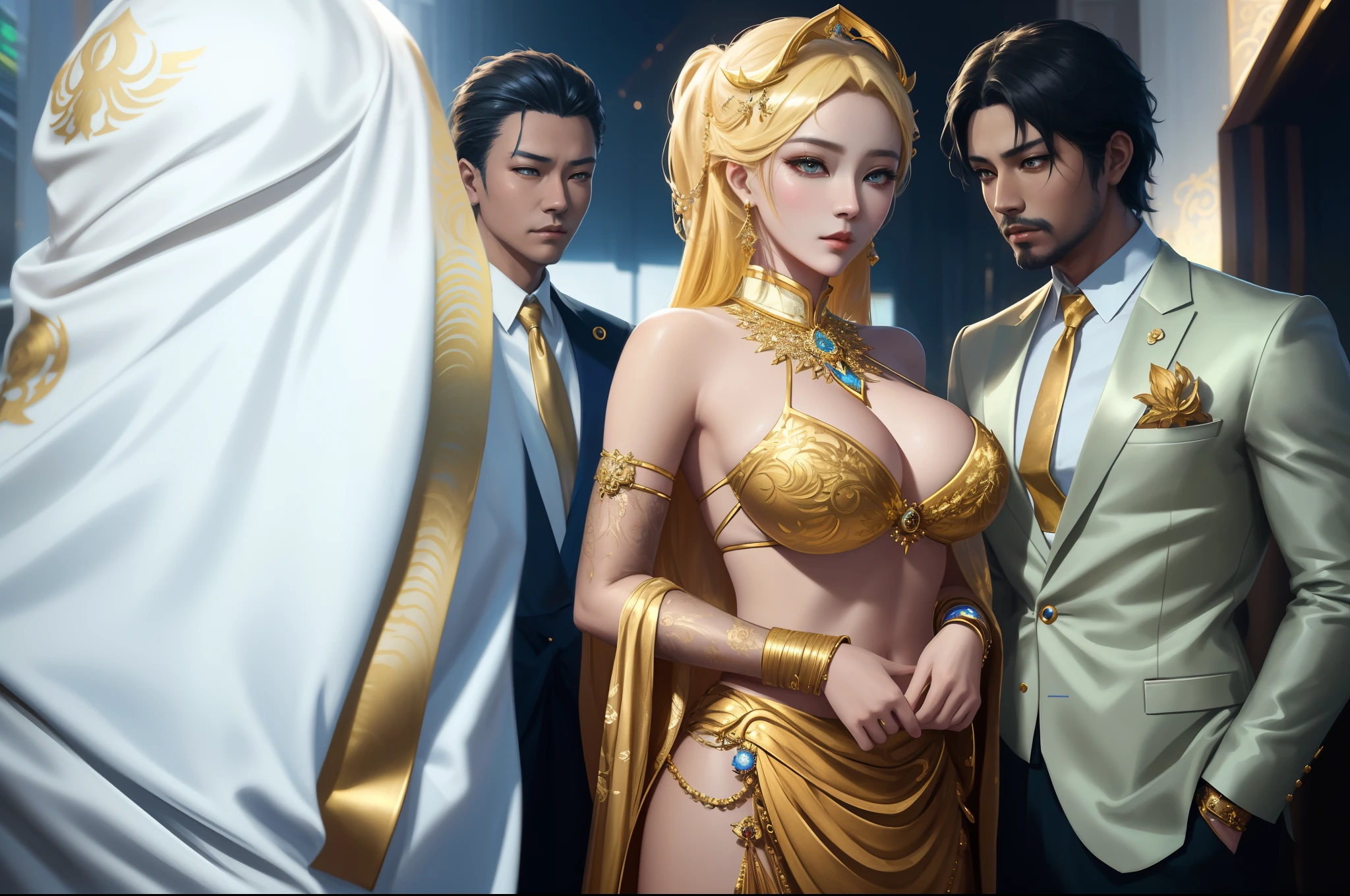 there are two men and a woman dressed in gold and white, artwork in the style of guweiz, harem, cgsociety masterpiece, trending on cgstation, highly detailed exquisite fanart, fanart best artstation, artstation masterpiece, deviantart artstation cgscosiety, kda, arabian princess, realistic gold, in style of artgerm