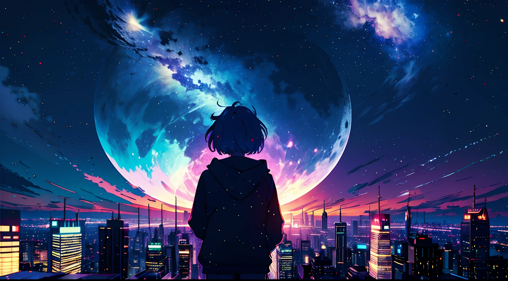Falling meteorites、1girl in, long purple hair, Modern hoodies, a miniskirt, Converse Shoes, Modern City, On the edge of the roof of the skyscape, at noon, suns, blue open sky, clouds, (photographed from the back)), low angles, Volumetric Lights, 8K, top-quality, sharp, detaileds、Moon and Sun、Crystal clear night sky