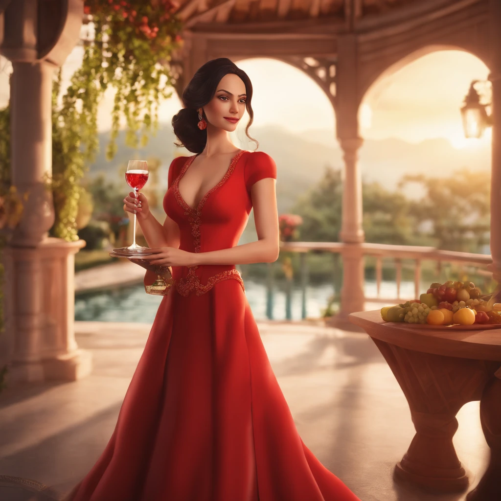 Nami from one piece wearing red ball gown in a gazebo, standing with one hand on jer hips and other is holding a glass of red wine, masterpiece, illustration 0.8, outfit 1.6, face 1.1, perfect anatomy, Nami face features