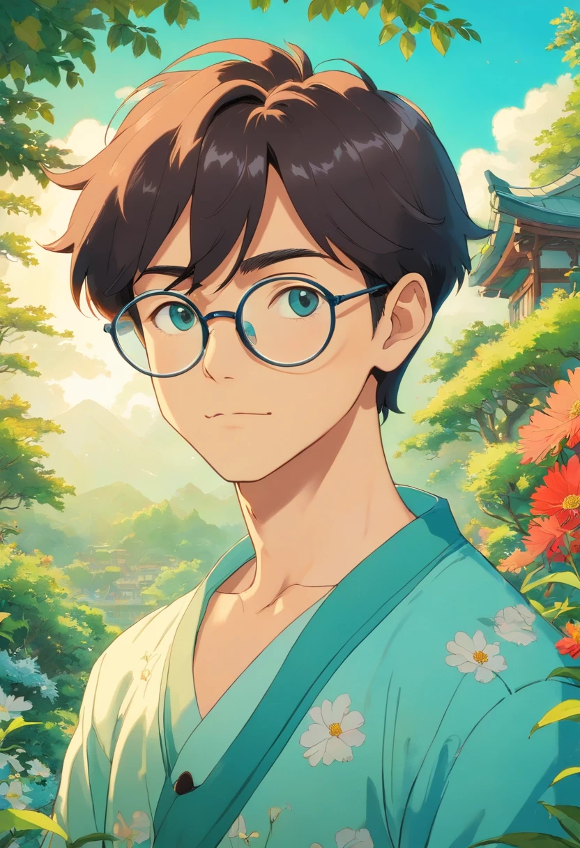 a boy wearing glasses, a necklace and long earrings, with a calm garden landscape style, colorful animated stills, masami teraoka, aquamarine, paul gauguin, Embry style, honest depiction
