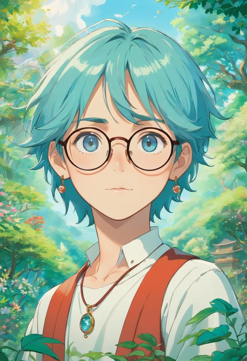 a boy wearing glasses, a necklace and long earrings, with a calm garden landscape style, colorful animated stills, masami teraoka, aquamarine, paul gauguin, Embry style, honest depiction