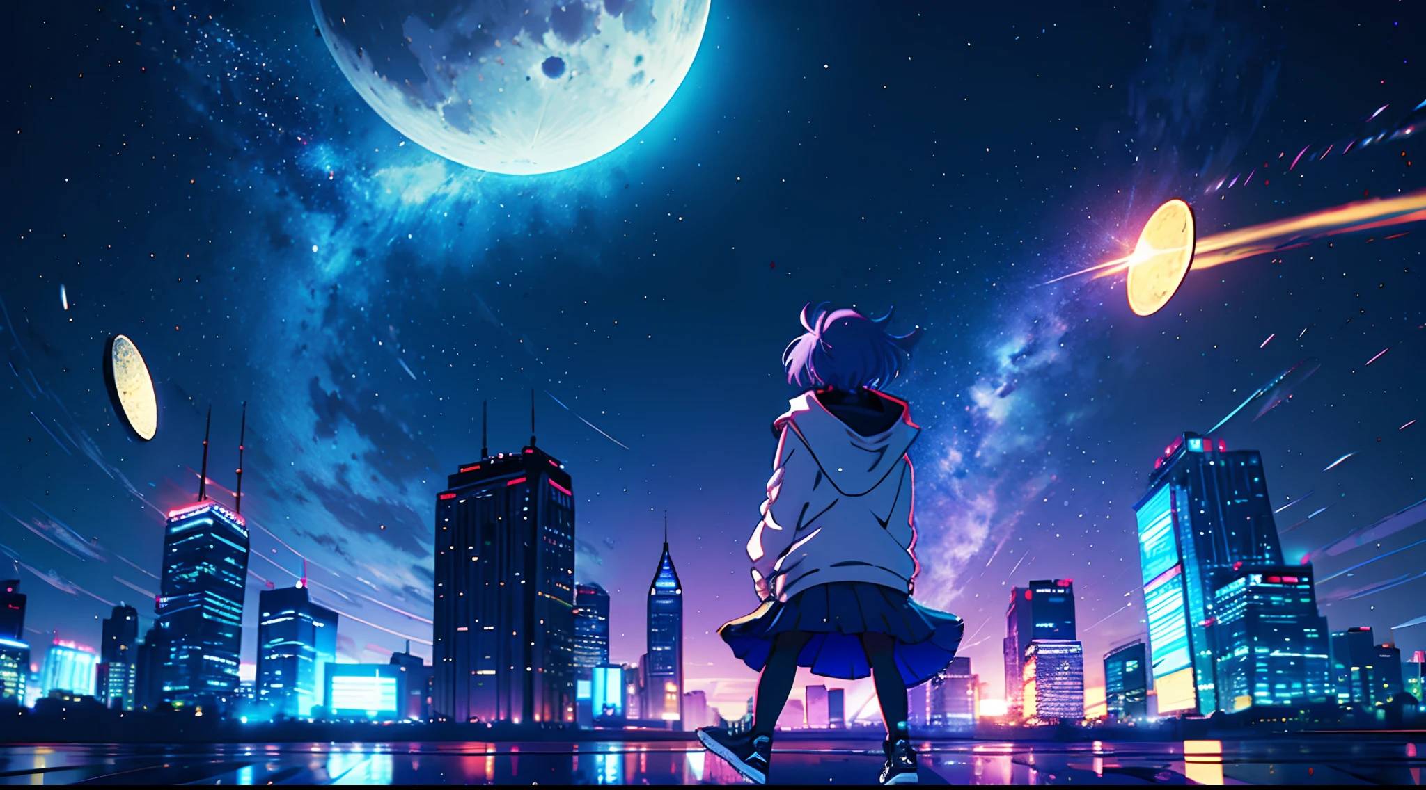 Falling meteorites、1girl in, long purple hair, Modern hoodies, a miniskirt, Converse Shoes, Modern City, On the edge of the roof of the skyscape, at noon, suns, blue open sky, ​​clouds, (photographed from the back)), low angles, Volumetric Lights, 8K, top-quality, sharp, detaileds、Moon and Sun、Crystal clear night sky