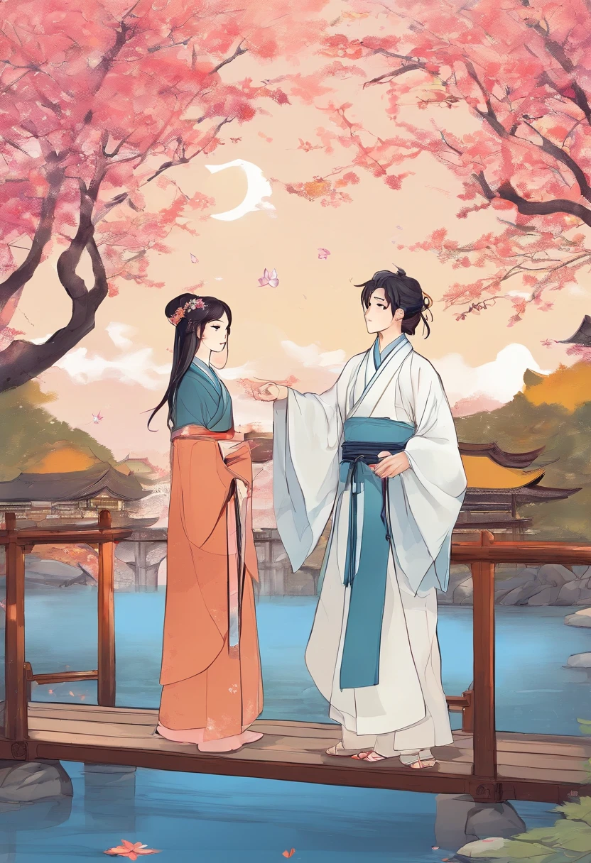 A couple dressed in Hanfu watching the scenery on a stone bridge，There is a willow tree next to it，There was light rain in the sky，The boy was wearing a white oil-paper umbrella，Two people hiding under an umbrella，Both boys and girls have beautiful and delicate blue eyes，Look at each other，Delicate composition，Both have peerless looks，
