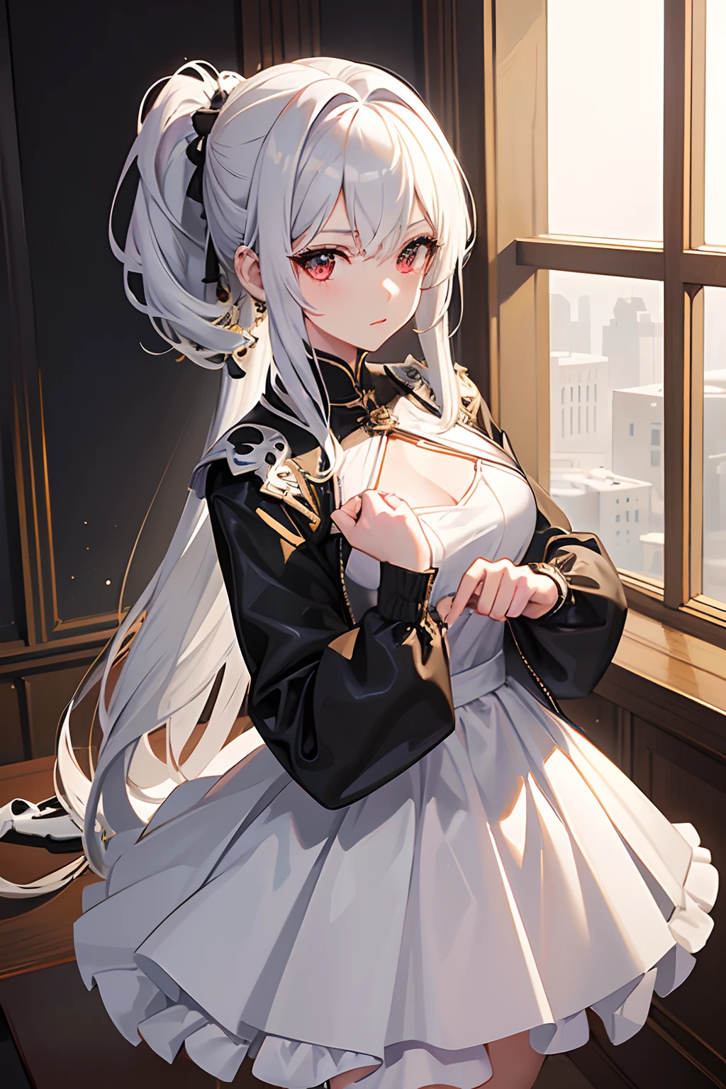 1girl in, Solo, Face, Portrait, Long hair, Pony tail, Blonde hair, Green eyes, Large breasts, (Black leather jacket:1.2) , cleavage, School, Blushing, Looking at the viewer, (masutepiece, Best Quality: 1.2), Yol(chain saw man),(Very detailed face, Real Image, Realistic skin, Realistic body, Intricate details), Red Eyes (Intimidating look), Light blush, Social Clothing, Semi-open button-up shirt (white), White bra, Skirt (Black), Black belt with buckle, Short hair, Glasses, Small breasts, close-up, large thighs, crass room, chalk board.In ancient China,, (Facial Detail Optimization: 1.5) (masutepiece), (Advanced: 1.5), Top CG, Highest Quality, Correctly proportioned, Perfect composition, High quality detailing, Perfect Detail, (hyper detailed CG: 1.2), (8K: 1.2), Realistic, Octane Rendering,(masutepiece),(Best Quality), Illustration, (Fantasy:1.4), Perfect male face, Solo, cute detailed digital art, Beautiful face, Golden hair, castle, , , paper_cut( absurdly , High quality , ultra-detailliert ) ,( Hand Detail ) , 1girl in, Solo, Very long hair, , Beautiful crystal eyes ( eye detailed ) barroco, Necklace, long-one-piece dress, Long sleeve, Elegant, Colorful, highest details, Upper body , , small curvy loli, loli in dress, Cute anime waifu in a nice dress, pudica pose, holding a pudica pose,biomechanical oppai,, white haired god, digital anime art!!, perfect gray hair girl, White-haired Chang Chan, Girl with white hair, (Anime Girl),