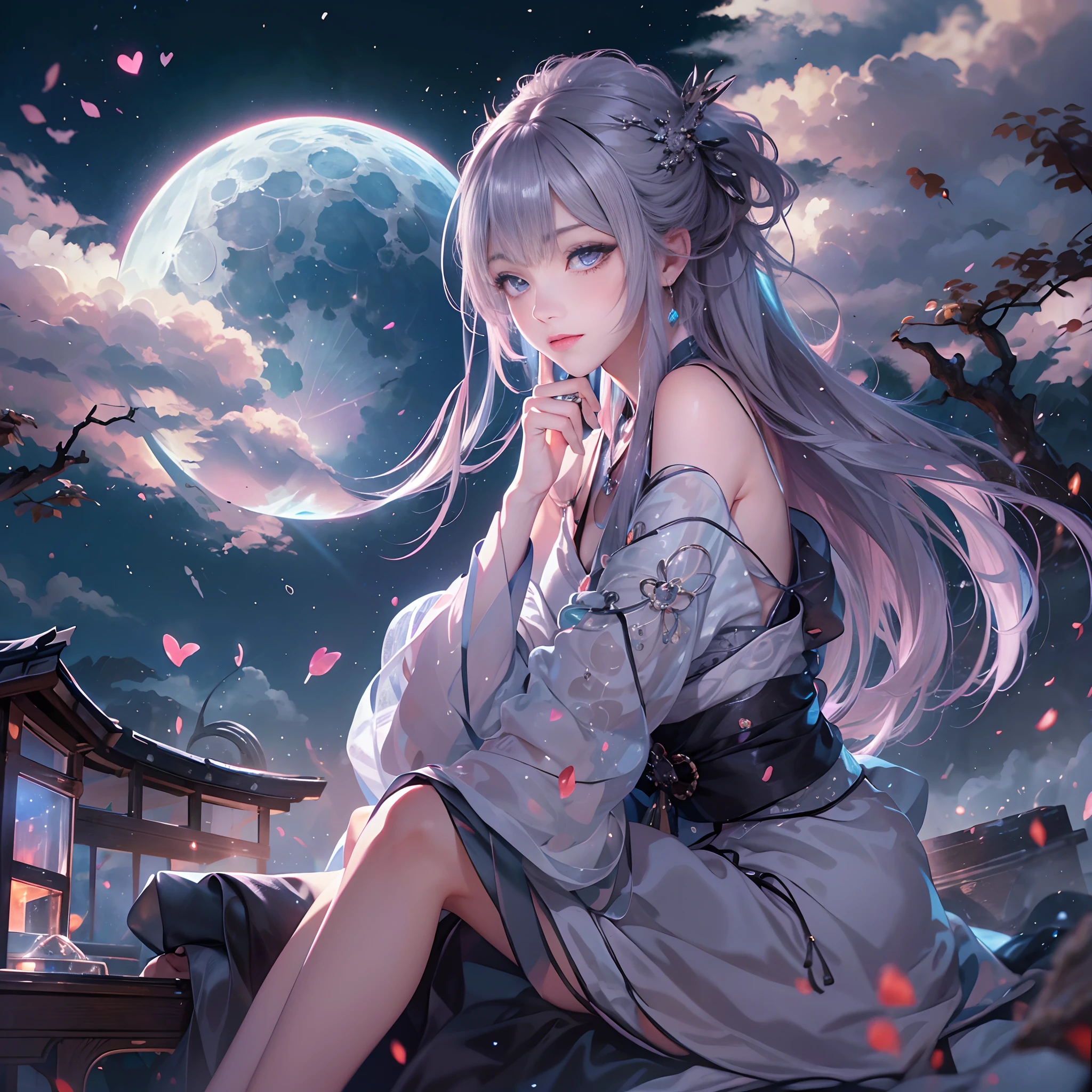 Bathed in the light of the moon、sitting on、Woman with shiny gray hair。Dressed in a black kimono、Depict a beautiful and graceful woman of Japan。Detailed CG and high definition、Take advantage of better lighting for light and shadow、Draw a beautiful scene。full body Esbian。 beautiful anime artwork, beautiful anime art, 8K anime art wallpapers, beautiful fantasy anime, Beautiful anime, Detailed anime artwork.blur backgroun、hair bobbles, longeyelashes, Solid Circle Eyes, lightsmile, ear blush, Colored inner hair, Ponytail, shairband, crescent-shaped hair ornament, Mismatched pupils, lickling lips, surrealism, drop shadow, anaglyph, stereograms, Tachi-e, POV, Atmospheric perspective, Chiaroscuro, Blurry, spark of light, Realism, One-person viewpoint, Wide Shot, 8K, Super Detail, ccurate, Best Quality, nffsw, Retin、eyeballs, heart in eye, Torogao, oral invitation