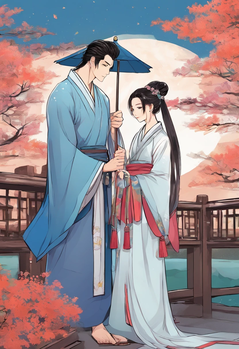 A couple dressed in Hanfu watching the scenery on a stone bridge,There is a willow tree next to it,There was light rain in the sky,Two people hiding under an umbrella,Both boys and girls have beautiful and delicate blue eyes,Look at each other,Delicate composition,Both have an unbeatable appearance,